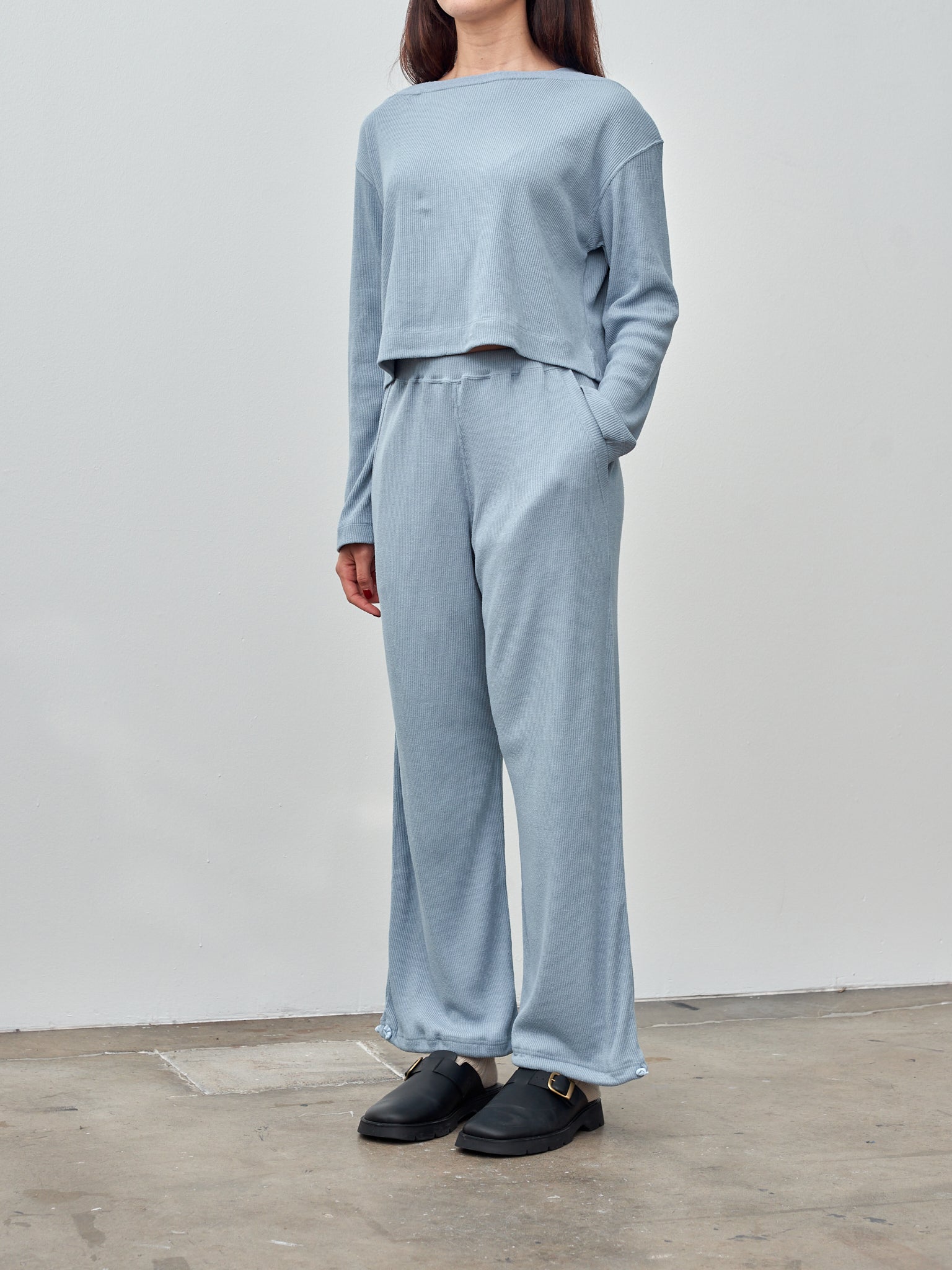 Namu Shop - Unfil Raw Silk Rib Jersey Wide Leg Truck Pants - Smoky Blue