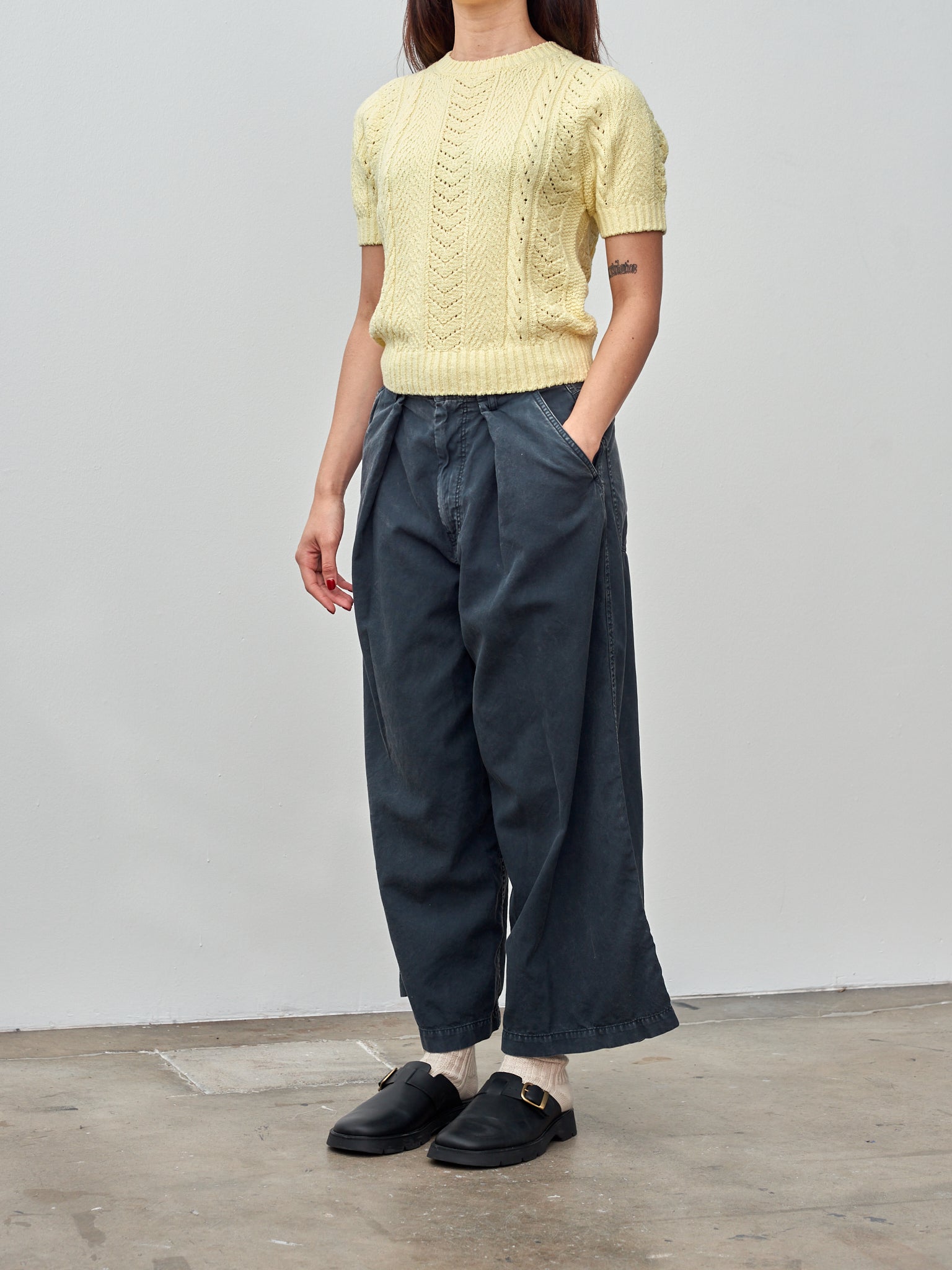 Namu Shop - Unfil Open Work Cable Knit Sweater - Cream Yellow