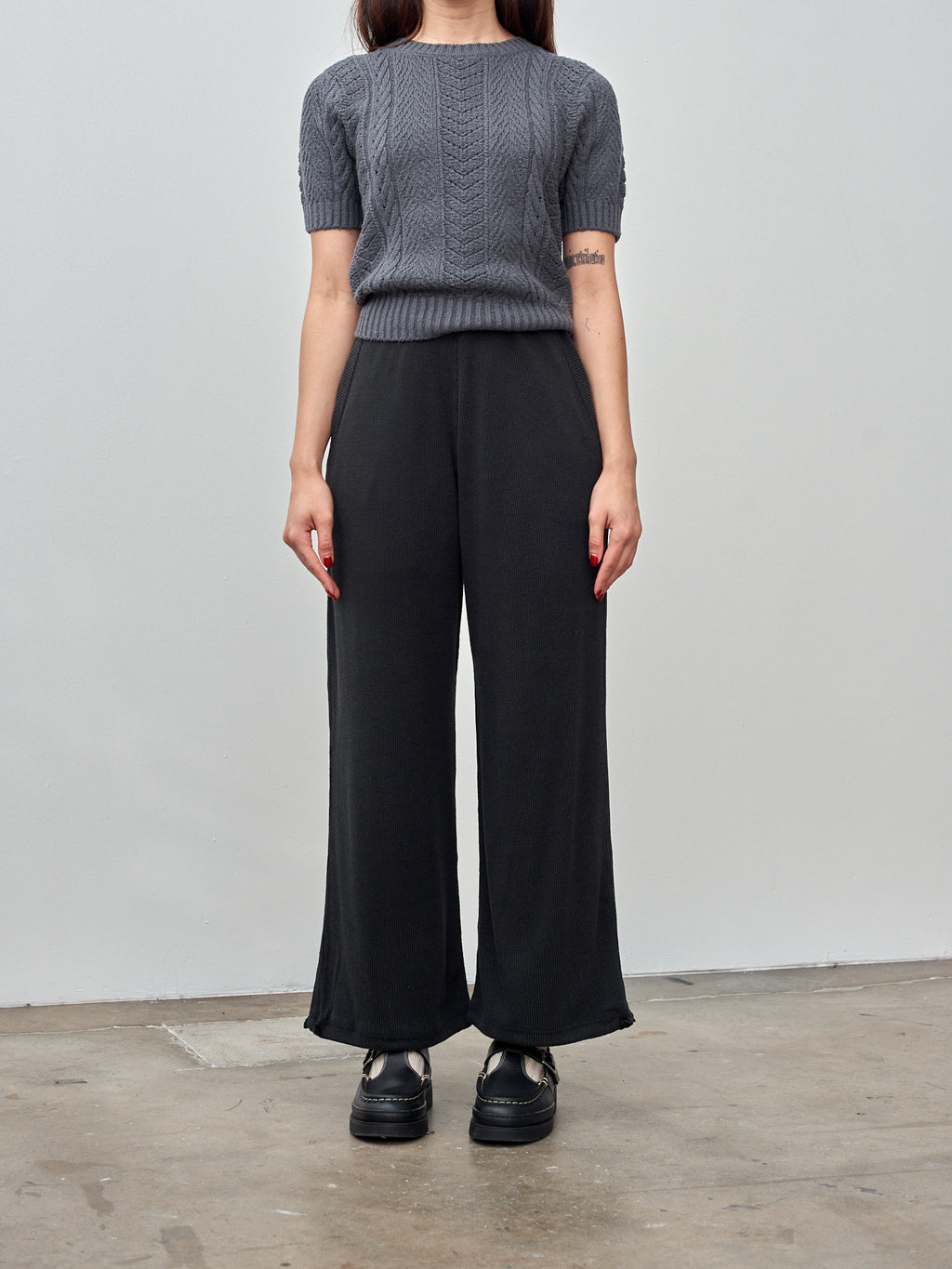 Namu Shop - Unfil Open Work Cable Knit Sweater - Charcoal