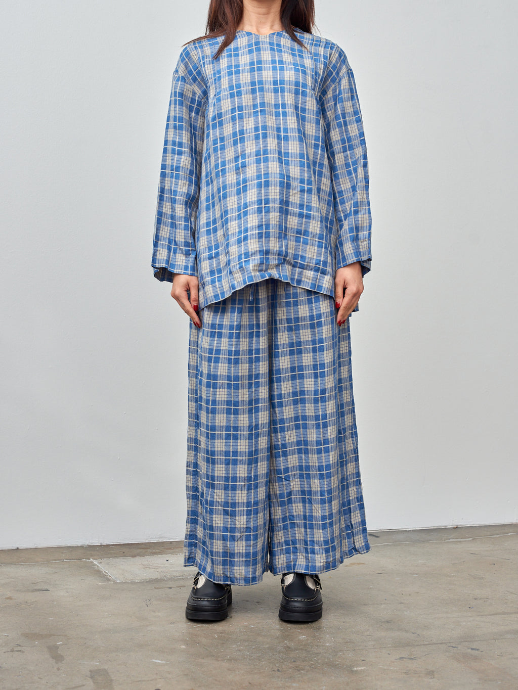 Namu Shop - Ichi Indigo Check Pullover - Indigo Light x Natural