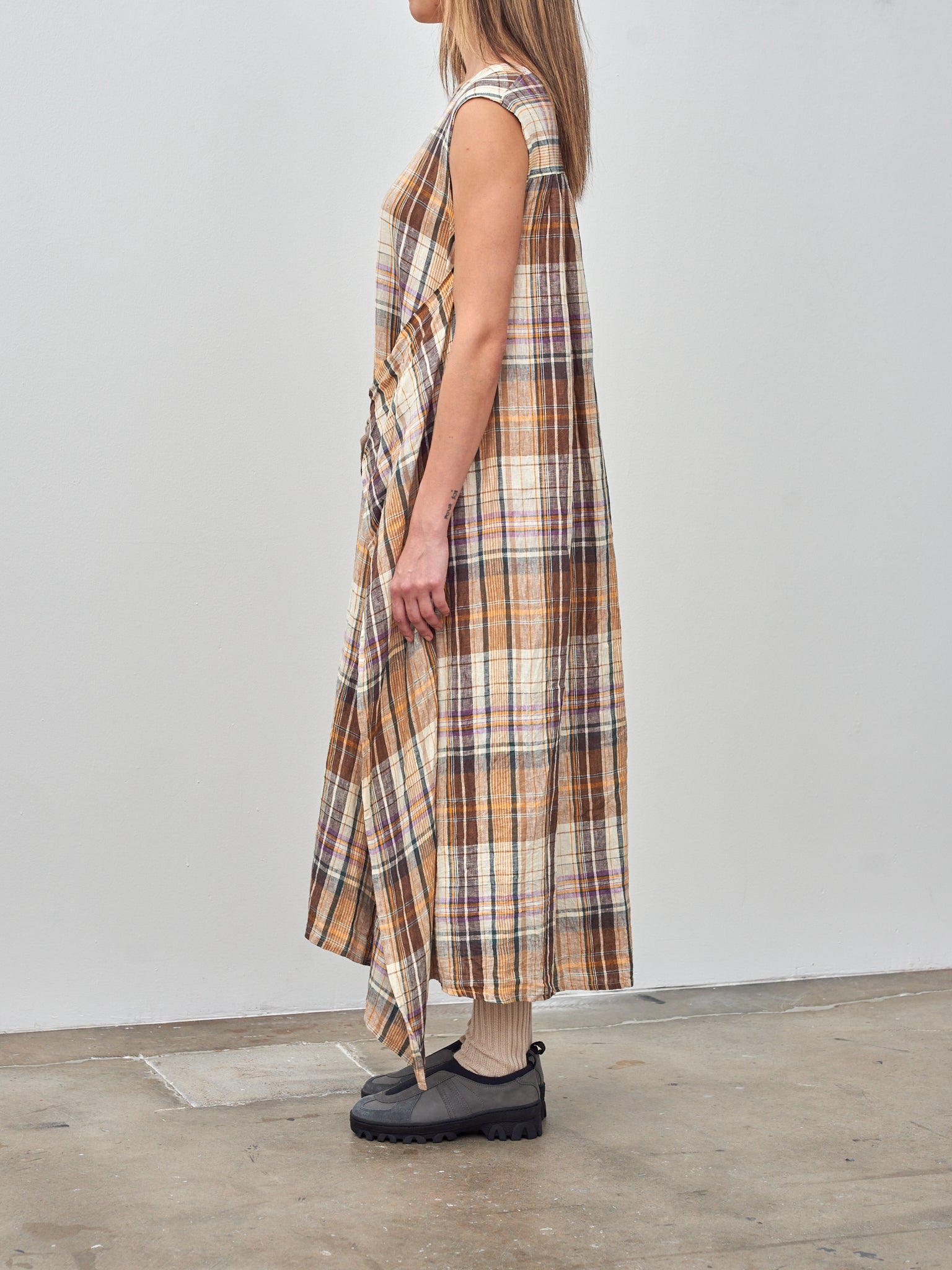 Linen Check Dress - Beige Linen Check Dress - Beige