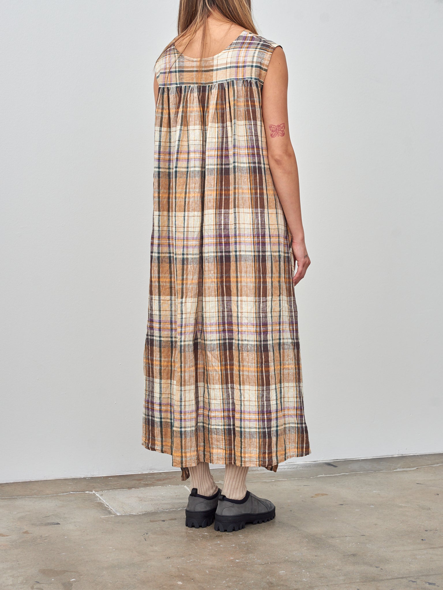 Linen Check Dress - Beige Linen Check Dress - Beige