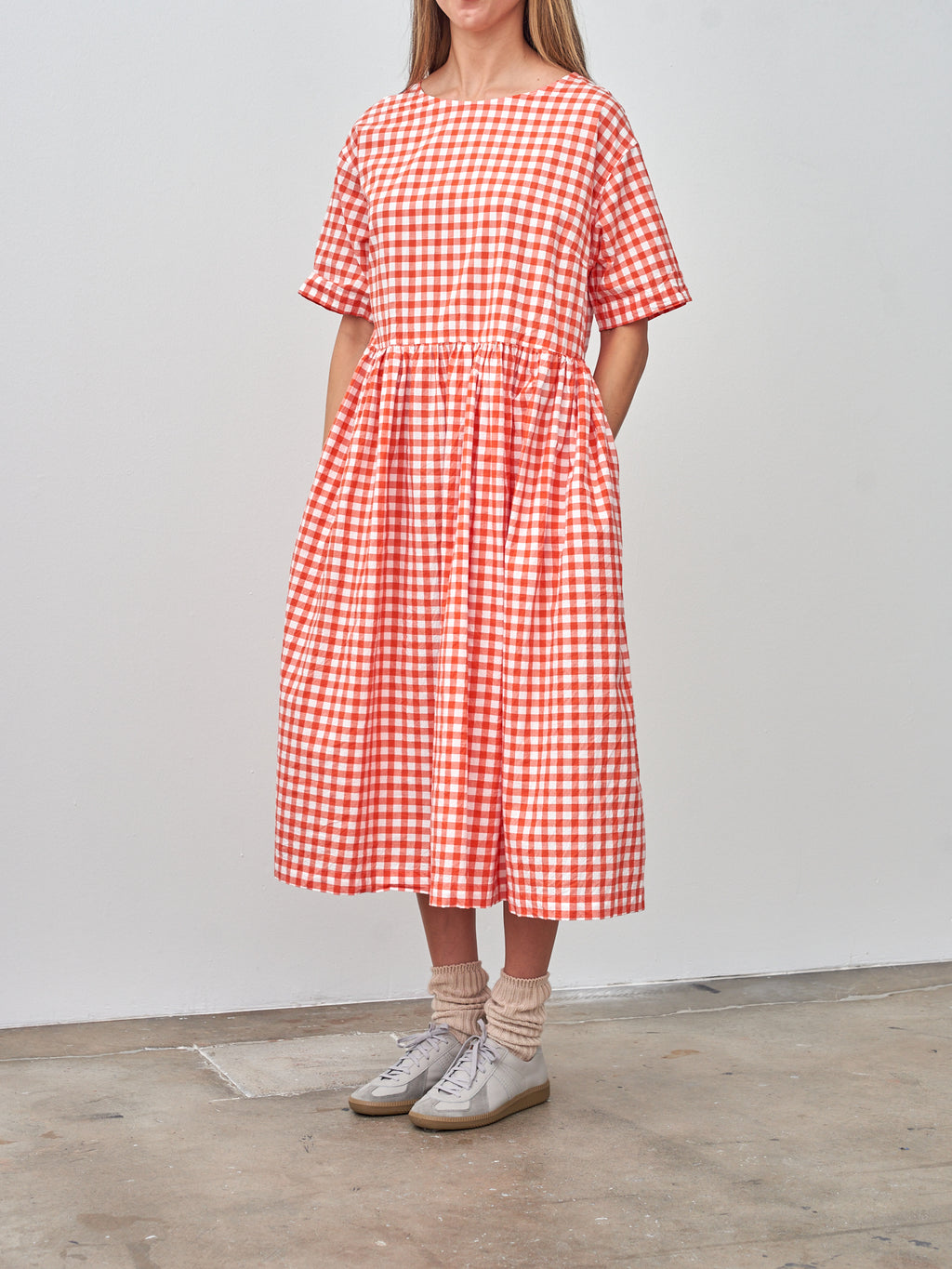 Namu Shop - Veritecoeur Gingham Check Gather Dress - Orange