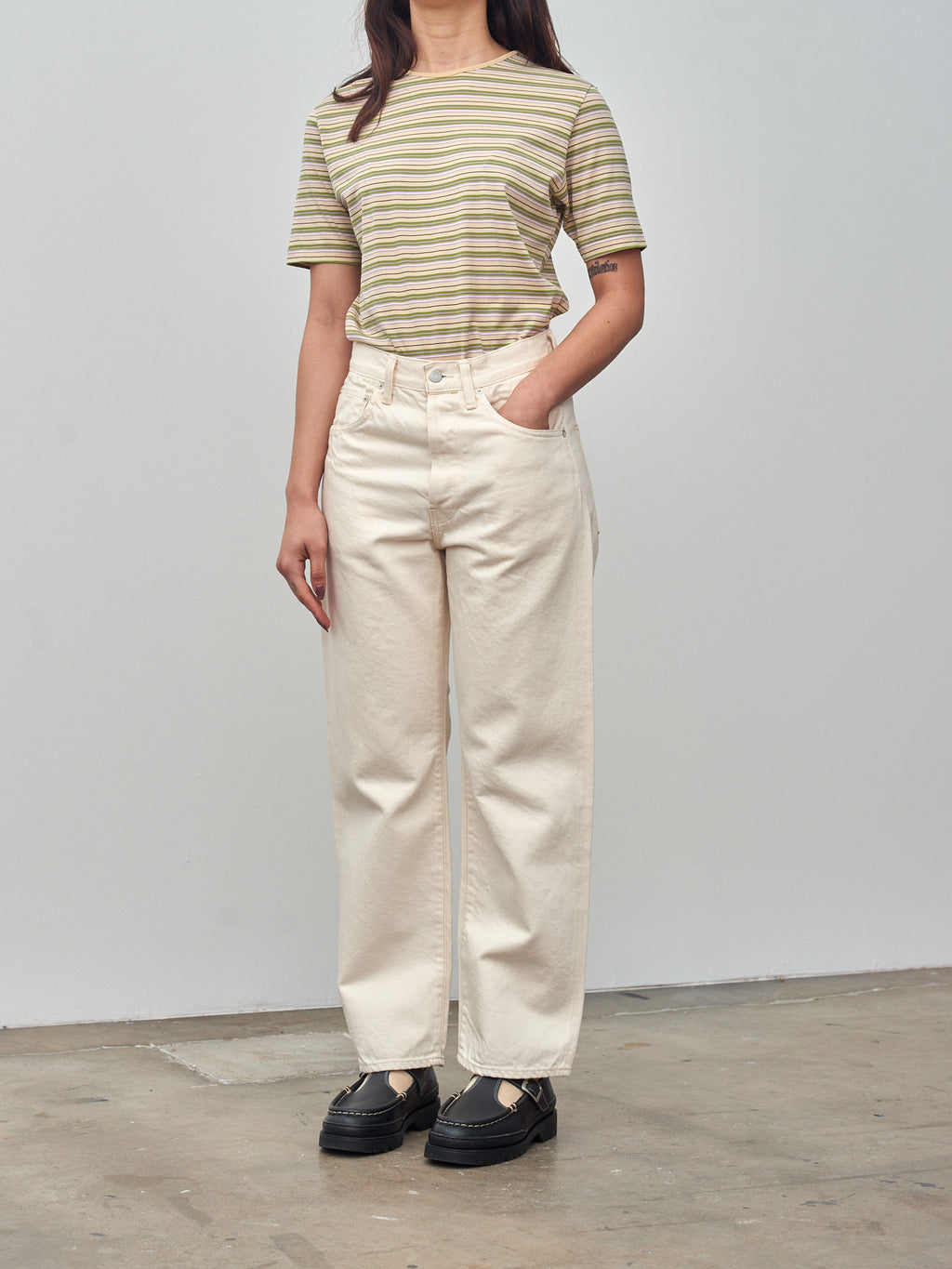 Namu Shop - Auralee Hard Twist Cotton Border Tee - Beige Border