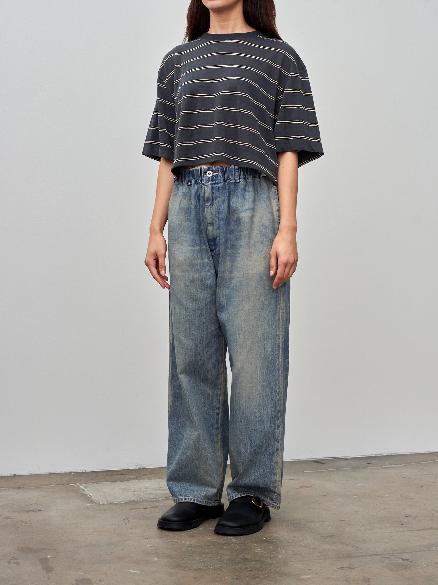 Namu Shop - Unfil Hemp Striped Jersey Cropped Tee - Dark Blue Stripe