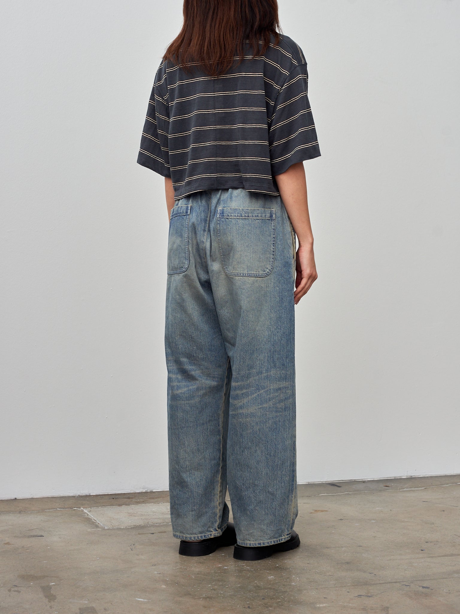 Namu Shop - Unfil Hemp Striped Jersey Cropped Tee - Dark Blue Stripe
