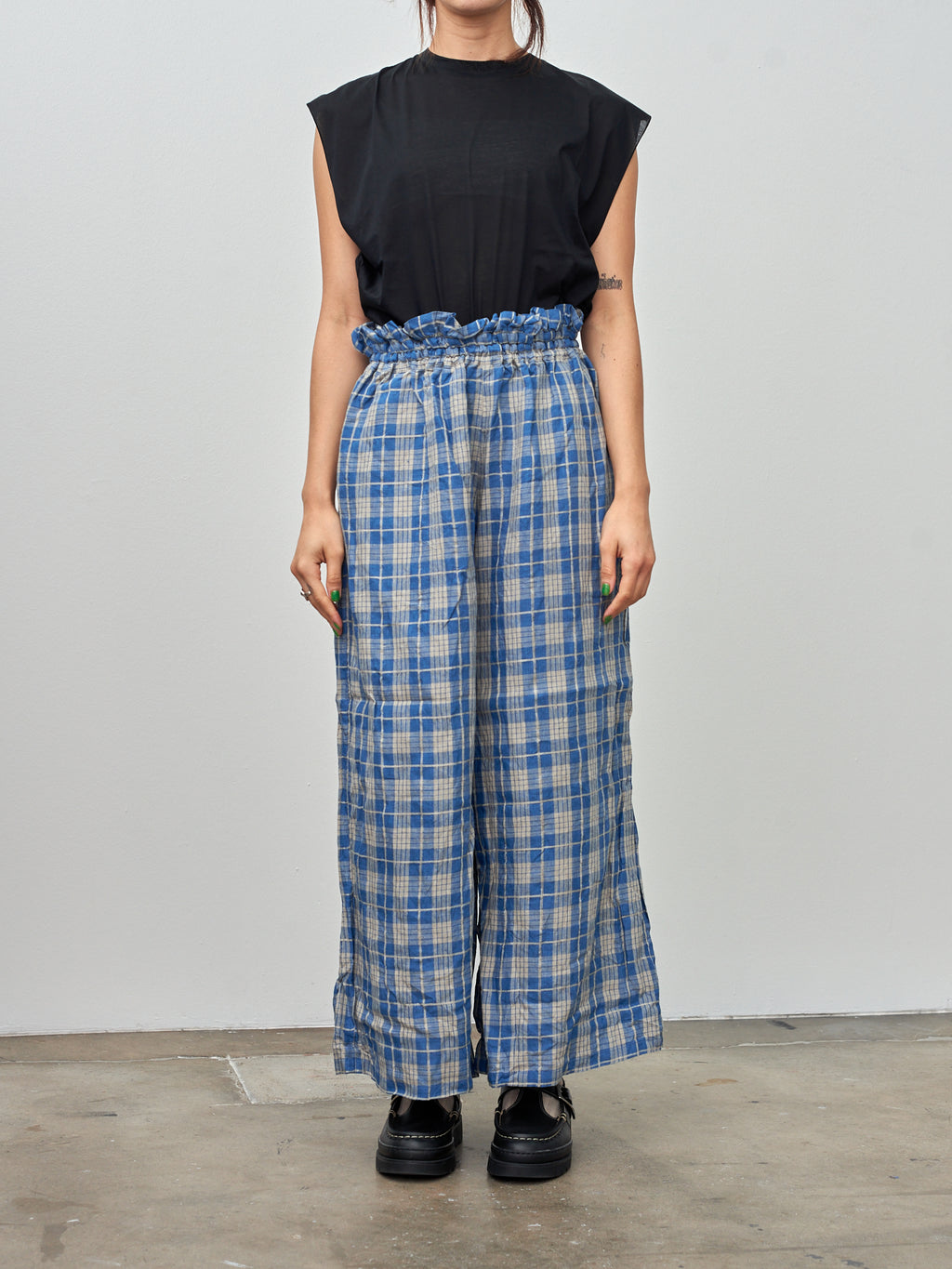 Namu Shop - Ichi Antiquites Indigo Check Pants - Indigo Light x Natural