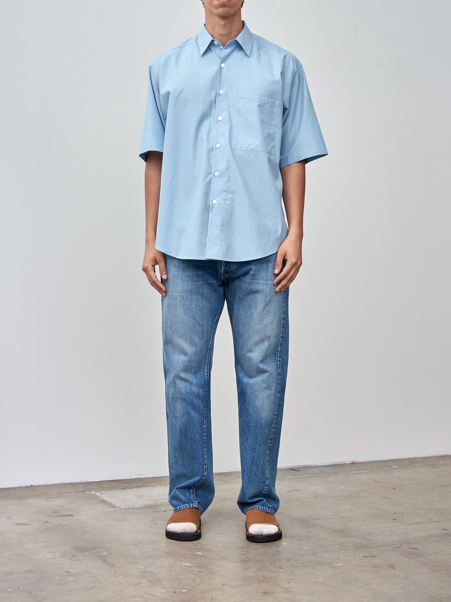 Namu Shop - Auralee Washed Finx Twill Big Half Sleeved Shirt - Sax Blue