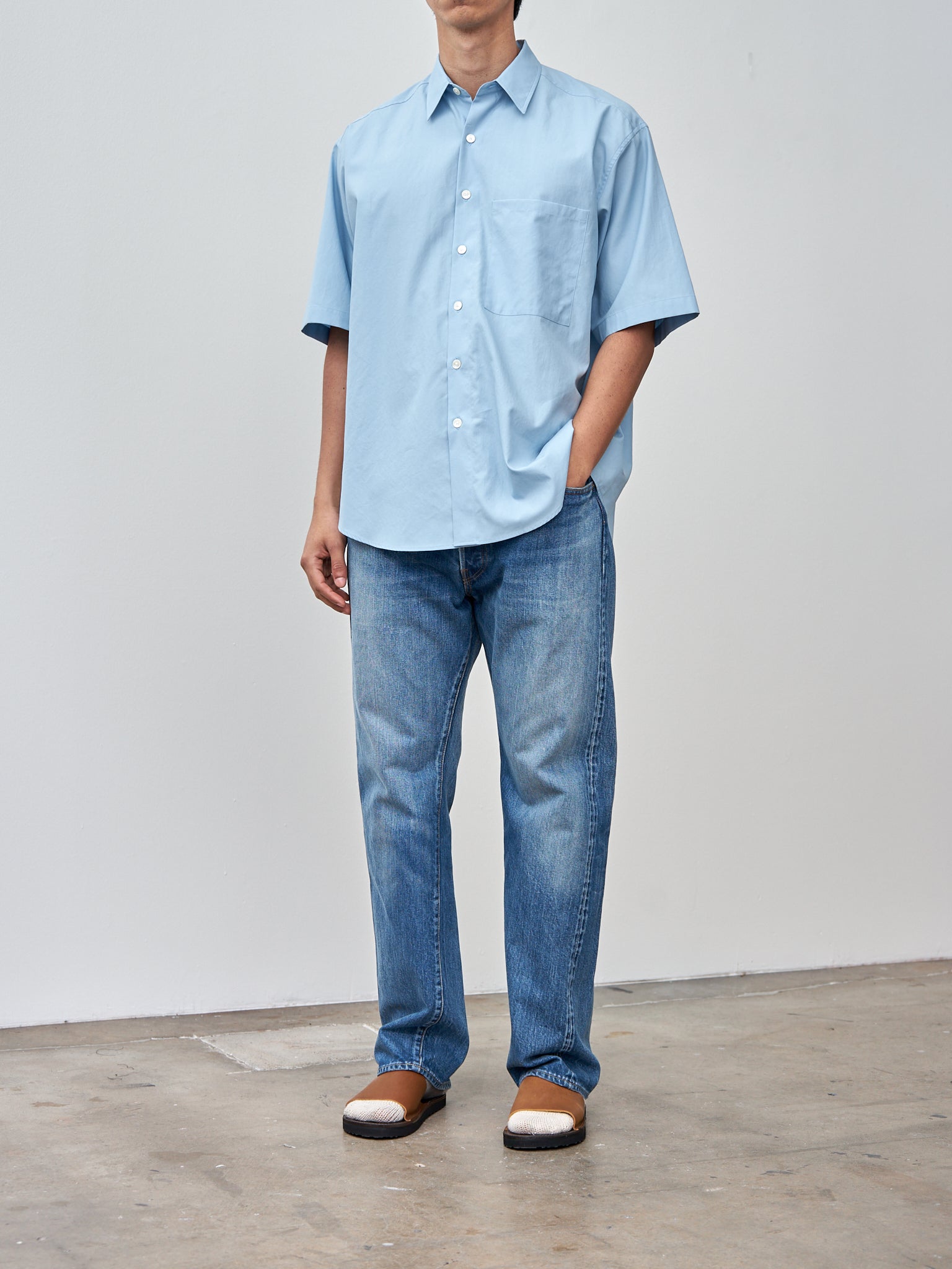 Namu Shop - Auralee Washed Finx Twill Big Half Sleeved Shirt - Sax Blue