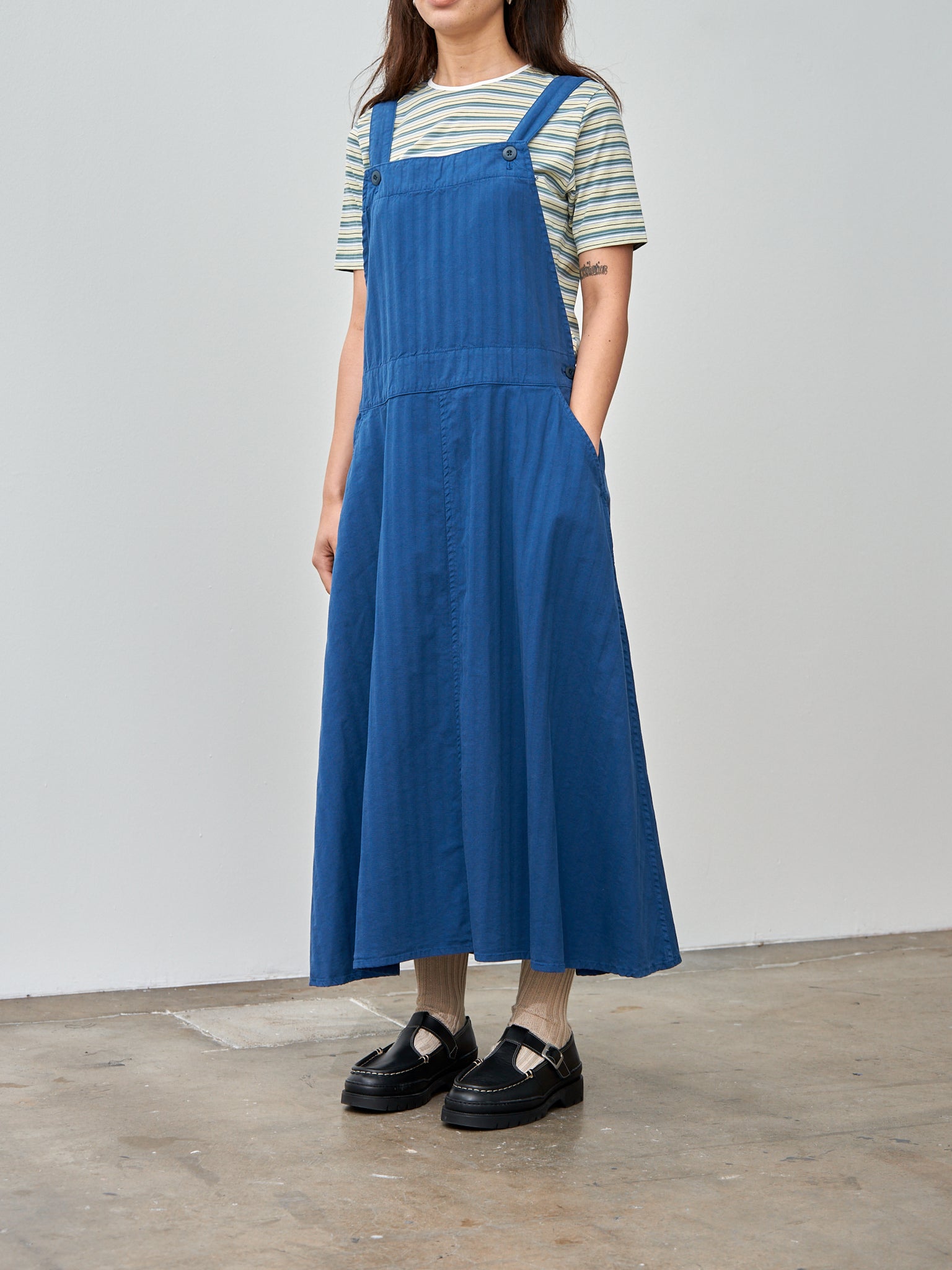 Garment Dyed Wide Herringbone Bib Overall Dress - Royal Garment Dyed Wide Herringbone Bib Overall Dress - Royal