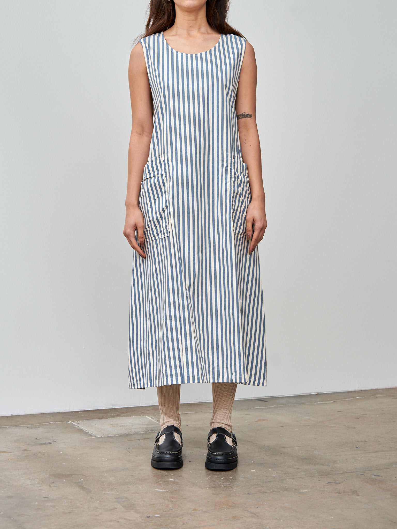Block Stripe Print Foldable Apron Dress - Blue Block Stripe Print Foldable Apron Dress - Blue