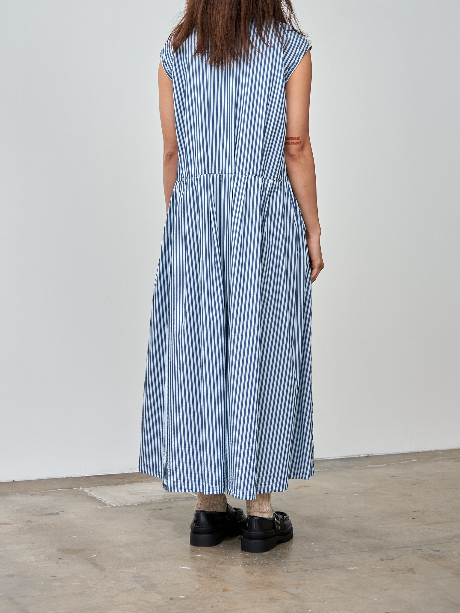 Namu Shop - ts(s) Bengal Stripe Sleeveless Drawstring Gather Dress - Blue