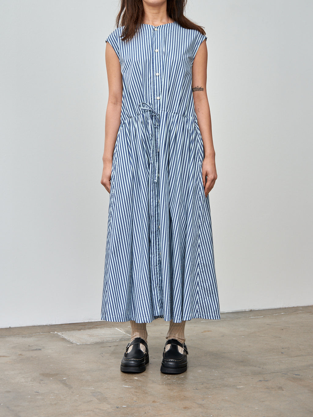 Namu Shop - ts(s) Bengal Stripe Sleeveless Drawstring Gather Dress - Blue