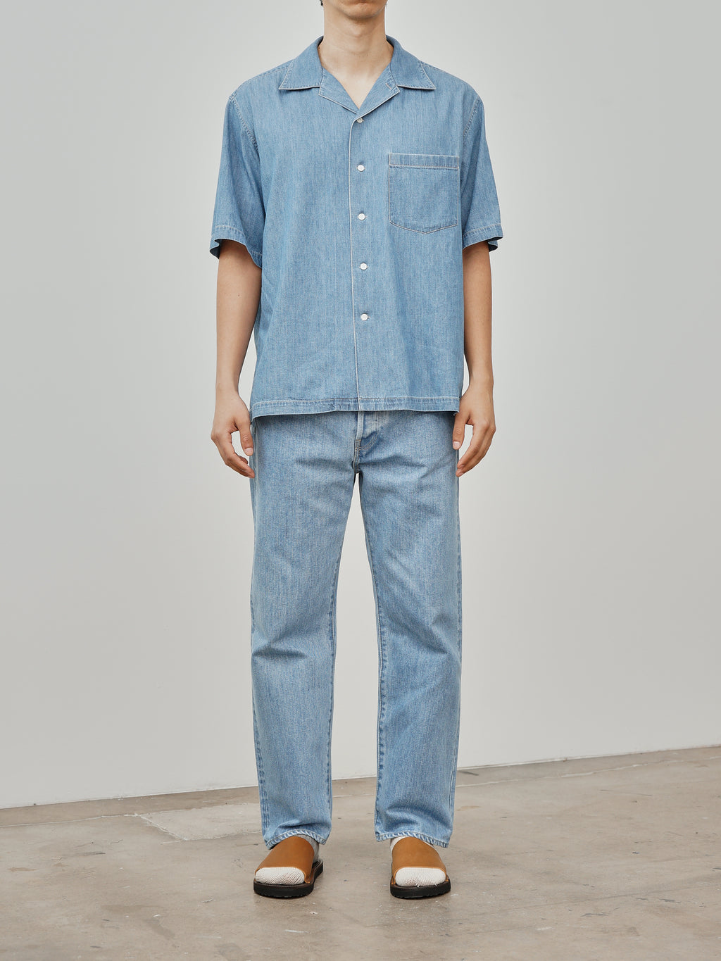 Namu Shop - Auralee Selvedge Super Light Denim Half Sleeved Shirt - Washed Indigo