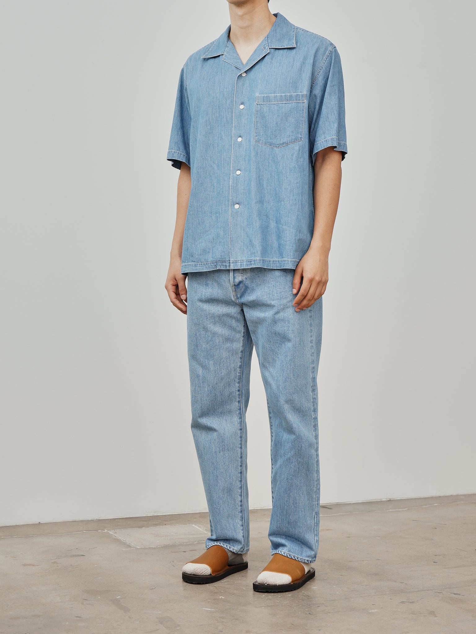 Namu Shop - Auralee Selvedge Super Light Denim Half Sleeved Shirt - Washed Indigo