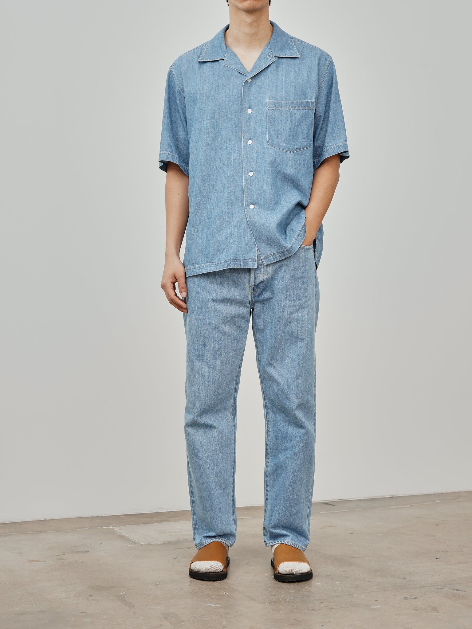 Namu Shop - Auralee Selvedge Super Light Denim Half Sleeved Shirt - Washed Indigo