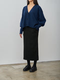 Namu Shop - Unfil Stretch Raw Silk Ribbed Jersey Pencil Midi Skirt - Black