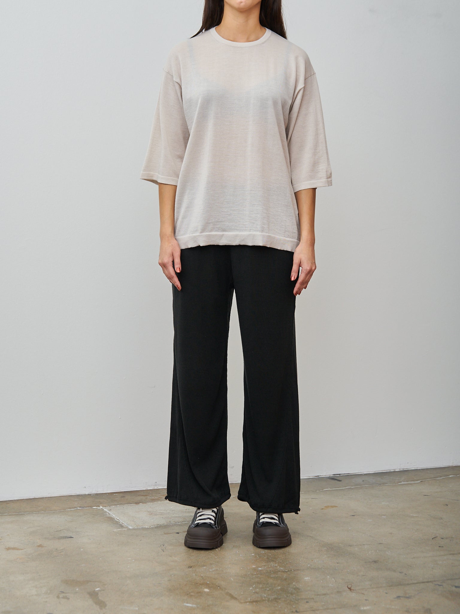 Namu Shop - Unfil Stretch Raw Silk Ribbed Jersey Wide Leg Pants - Black