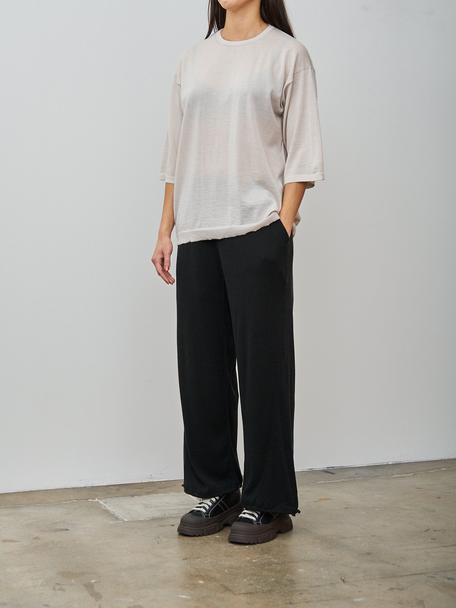 Namu Shop - Unfil Stretch Raw Silk Ribbed Jersey Wide Leg Pants - Black