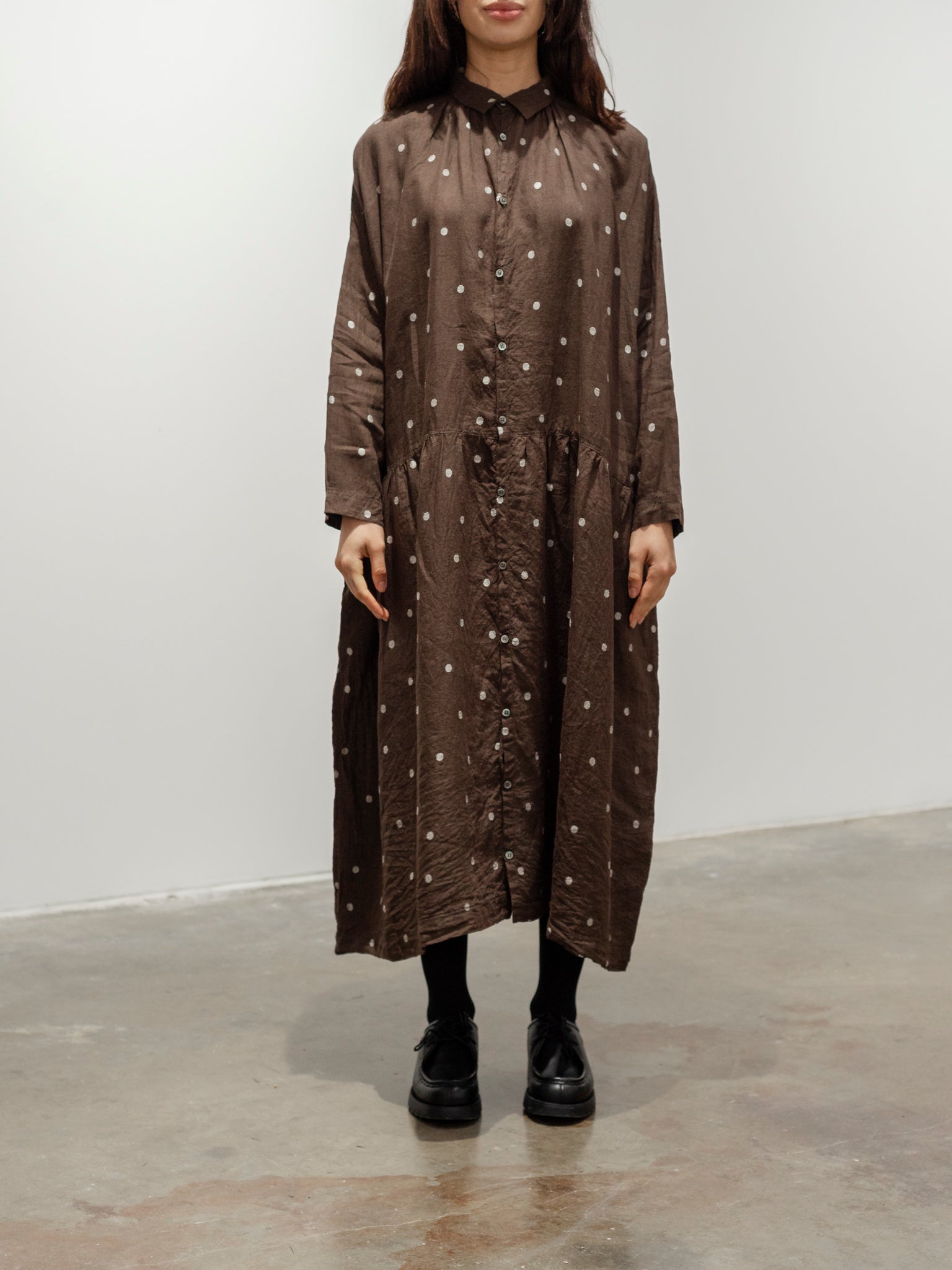 Namu Shop - Ichi Antiquites Linen Dot Shirt Dress - Brown x Natural