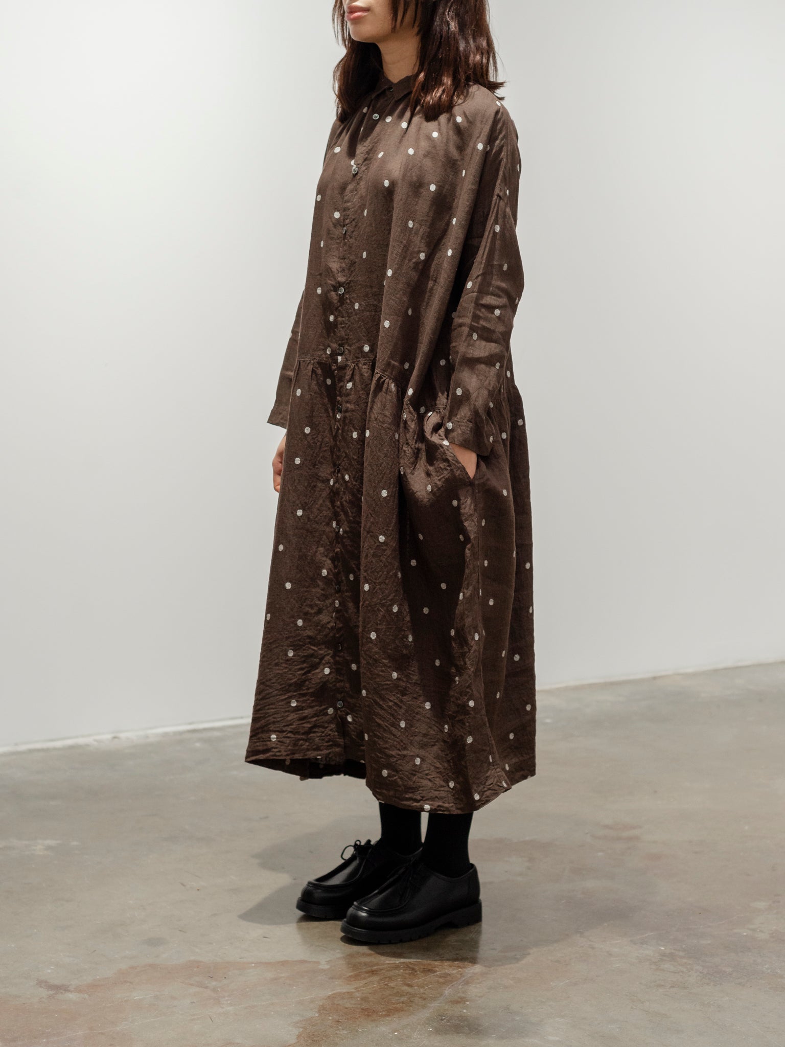 Namu Shop - Ichi Antiquites Linen Dot Shirt Dress - Brown x Natural