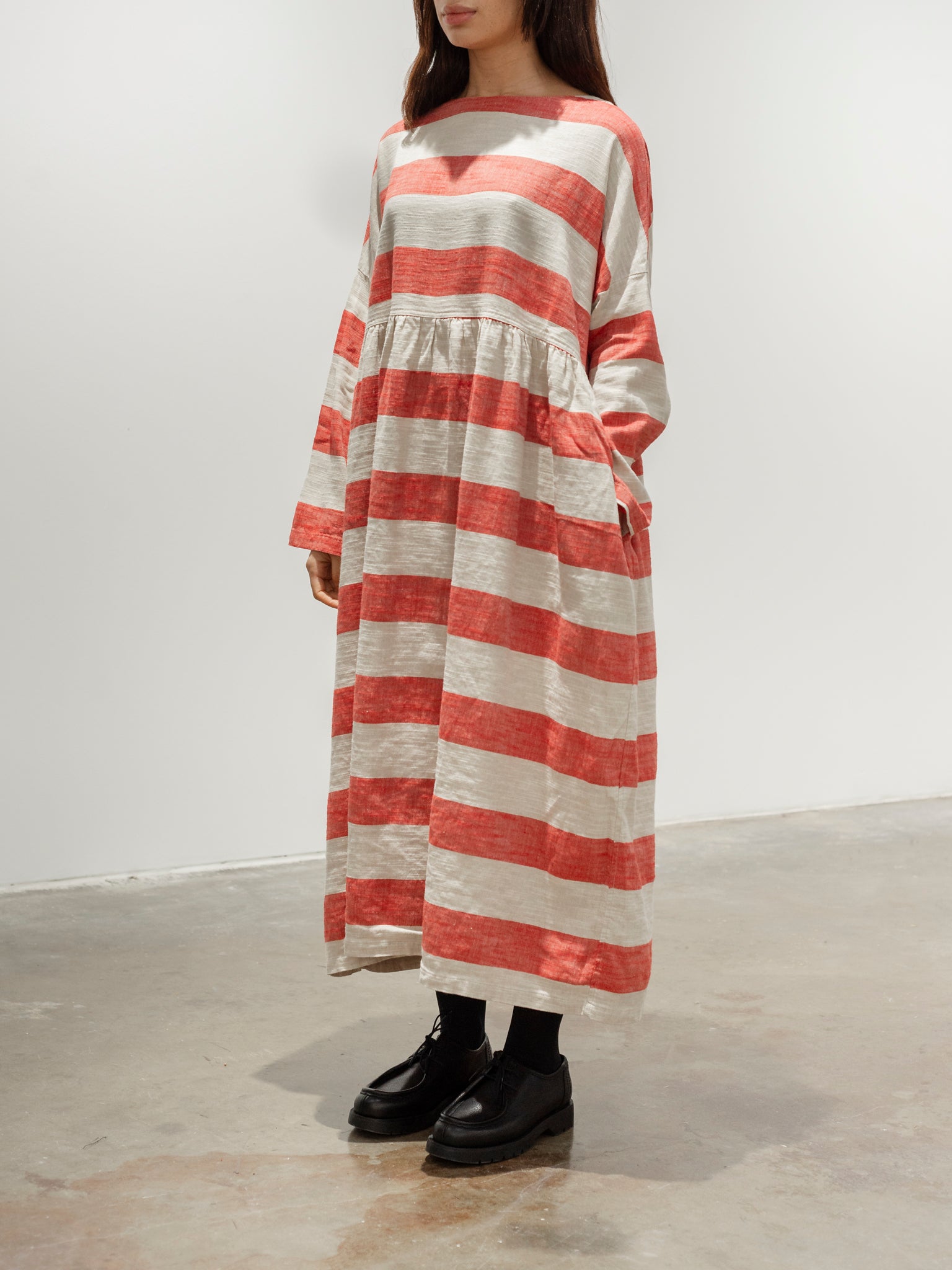 Linen Cotton Slub Stripes Dress - Red Linen Cotton Slub Stripes Dress - Red