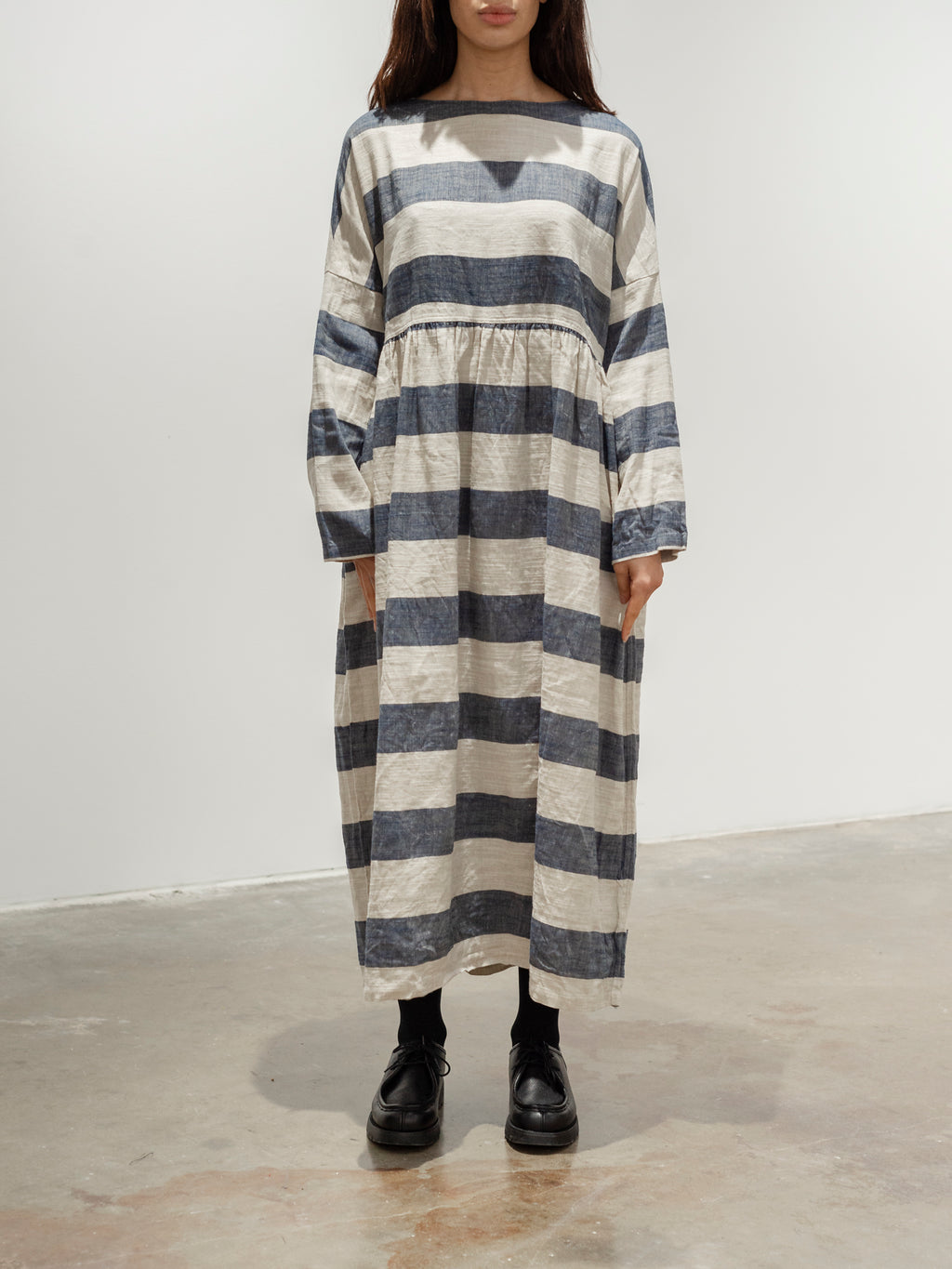 Namu Shop - Ichi Antiquites Linen Cotton Slub Stripes Dress - Navy