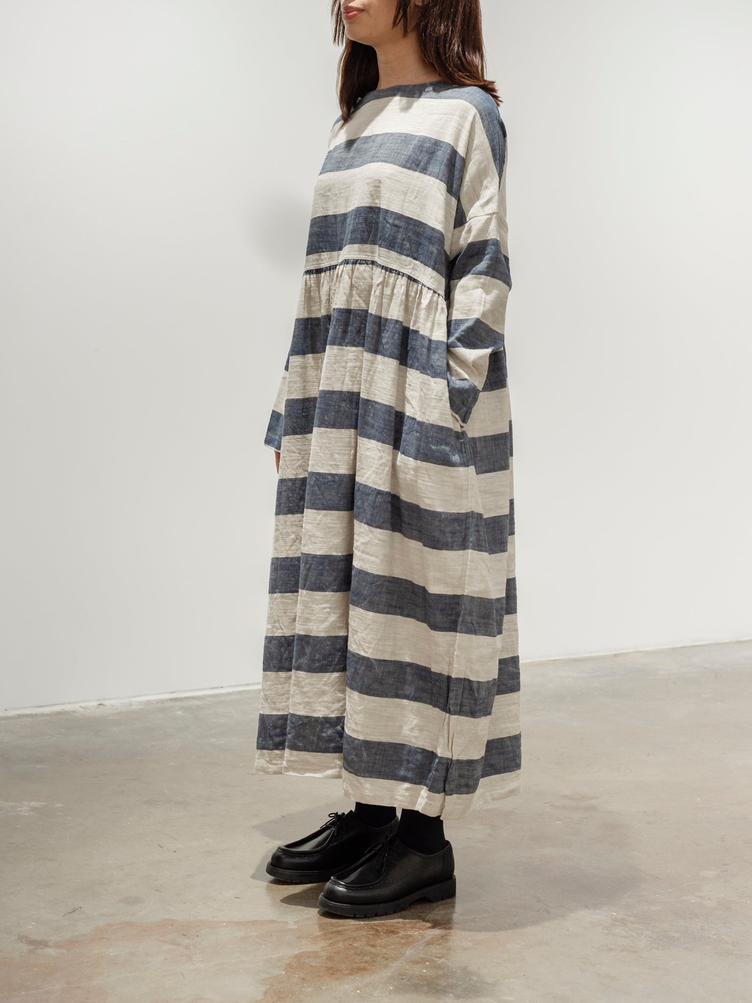 Namu Shop - Ichi Antiquites Linen Cotton Slub Stripes Dress - Navy