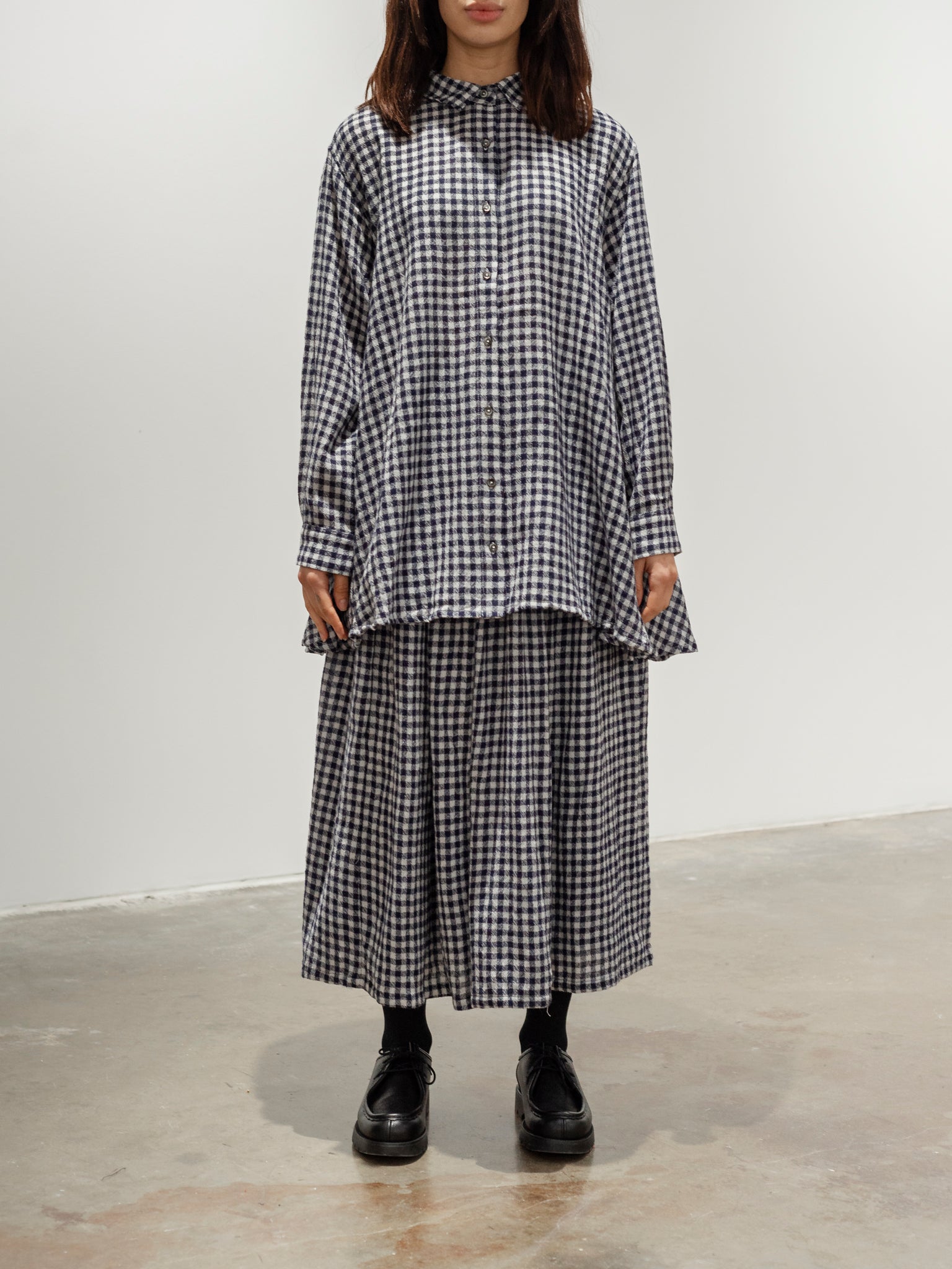 Namu Shop ICHI Wool Gauze Gingham Skirt White x Navy