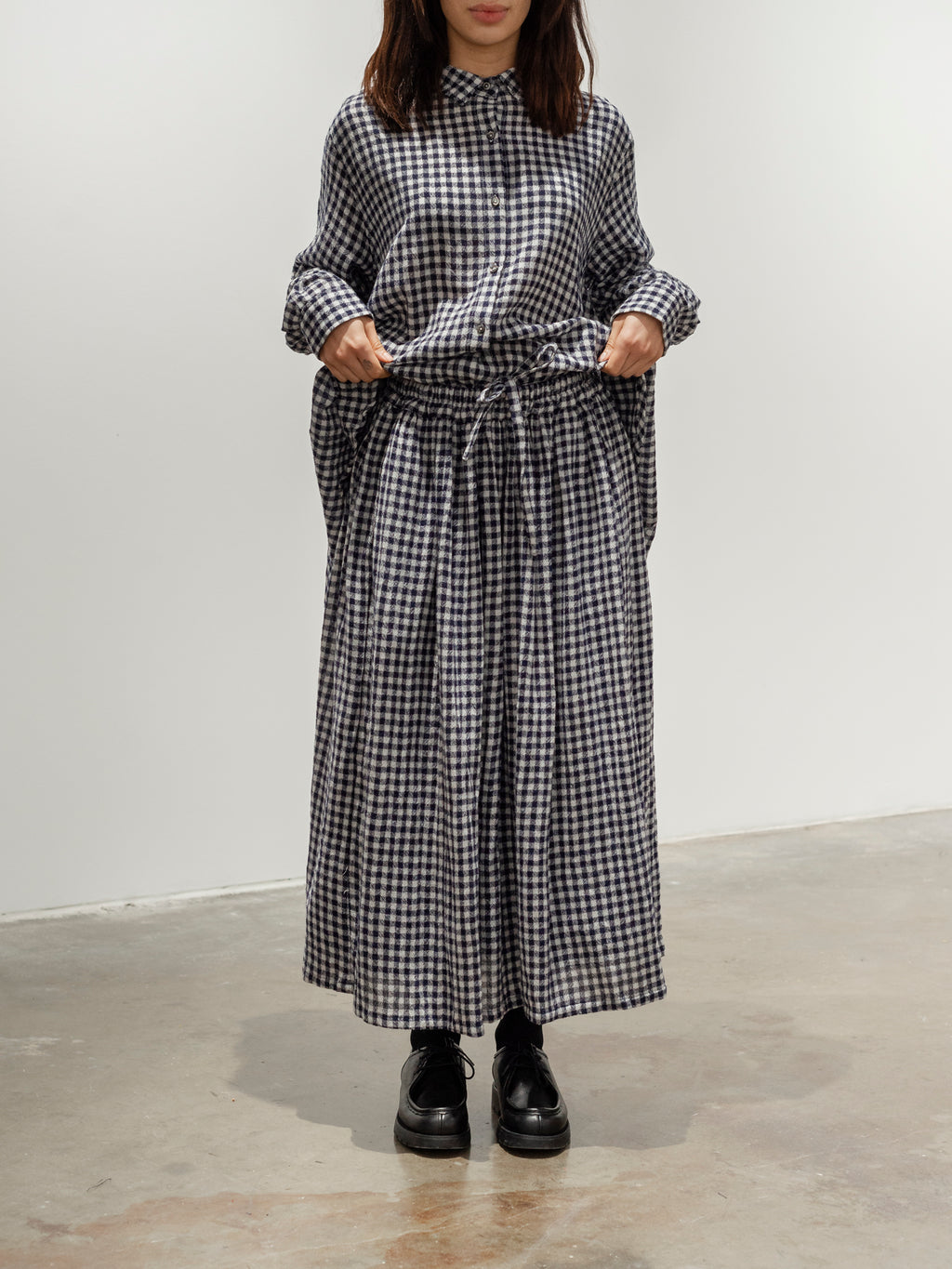 Namu Shop - ICHI Wool Gauze Gingham Skirt - White x Navy