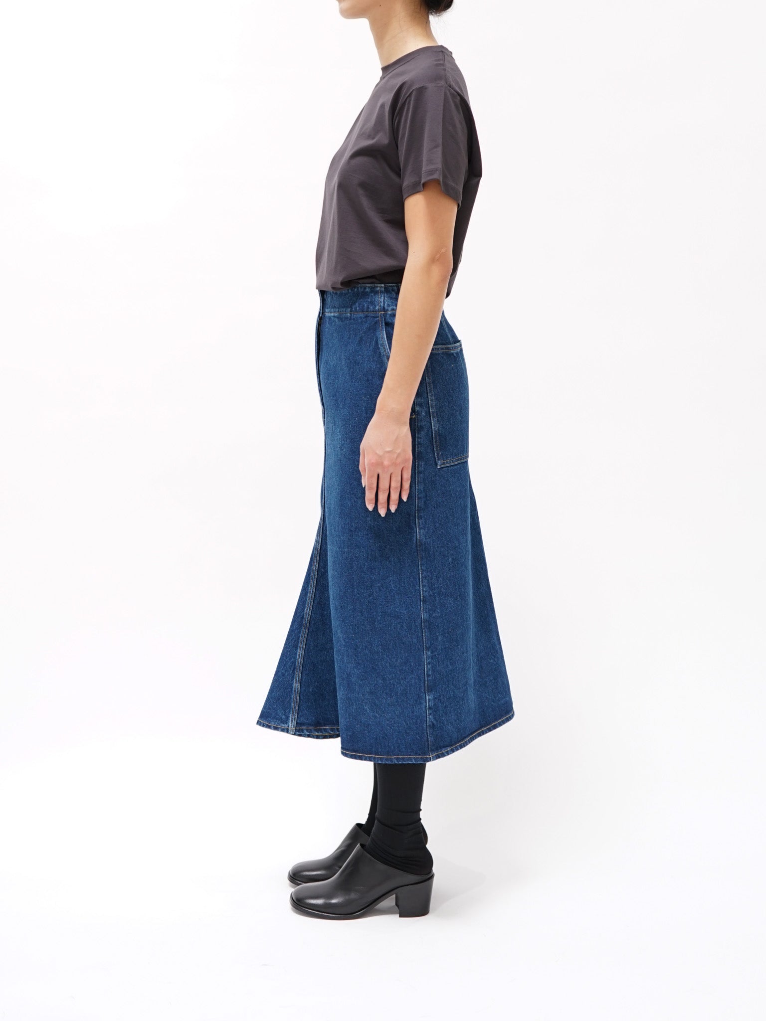 Namu Shop - Studio Nicholson Preto Washed Denim Kick Front Skirt - Indigo Wash