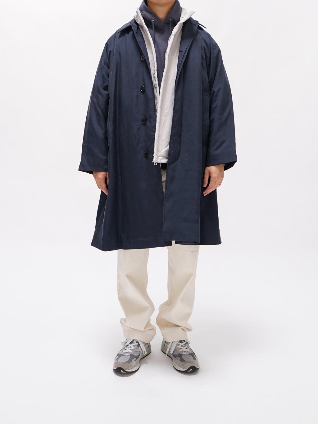 Namu Shop - Kaptain Sunshine Washed Silk Gabardine Padding Walker Coat - Navy