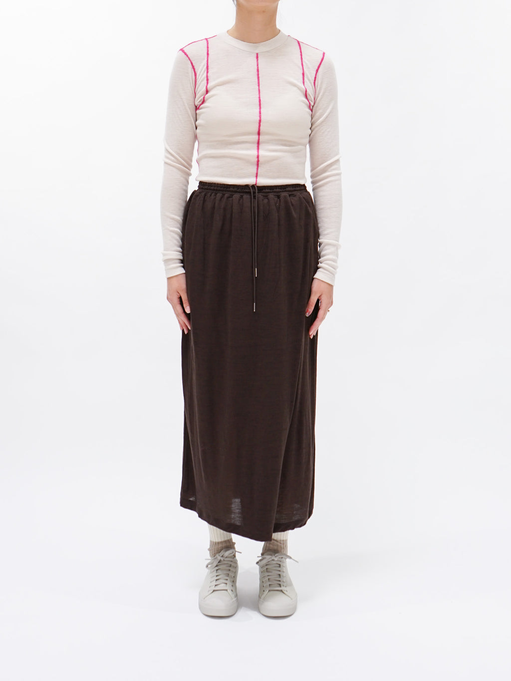 Namu Shop - Unfil Superfine Merino Ribbed Jersey Tee With Mohair Stitch - Beige x Pink