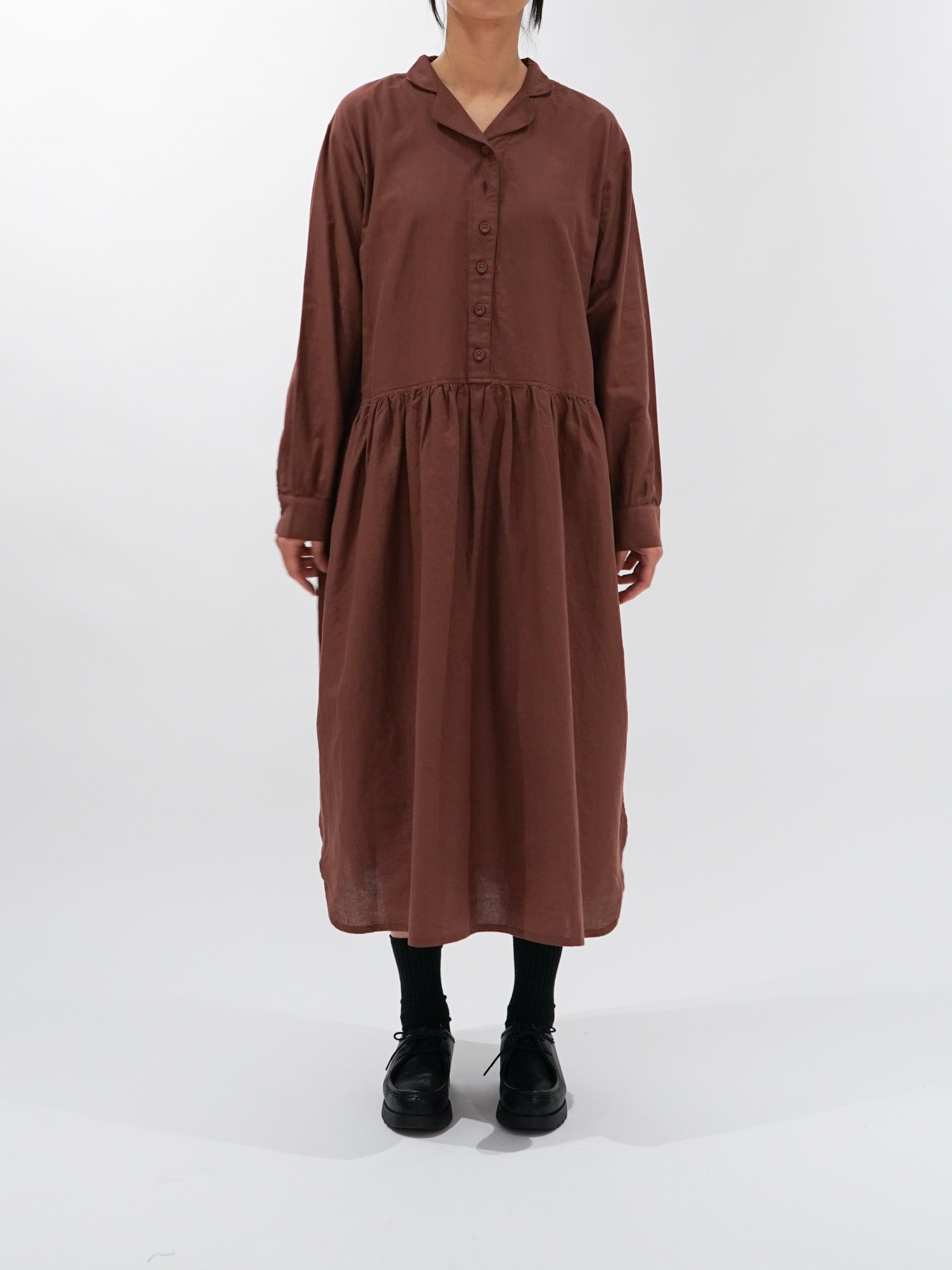 Namu Shop - ICHI Open Collar Gather Dress - Brown