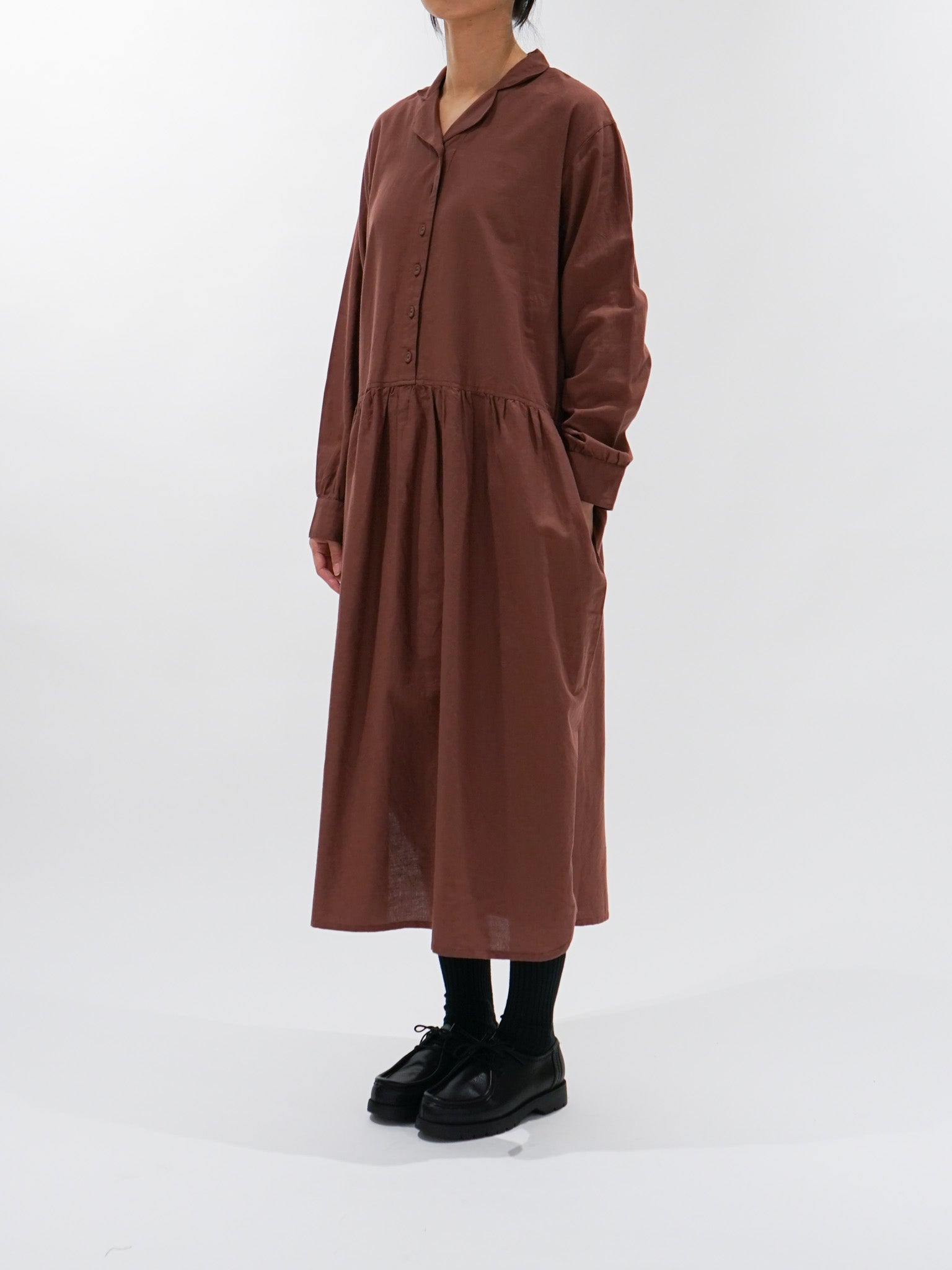 Namu Shop - ICHI Open Collar Gather Dress - Brown