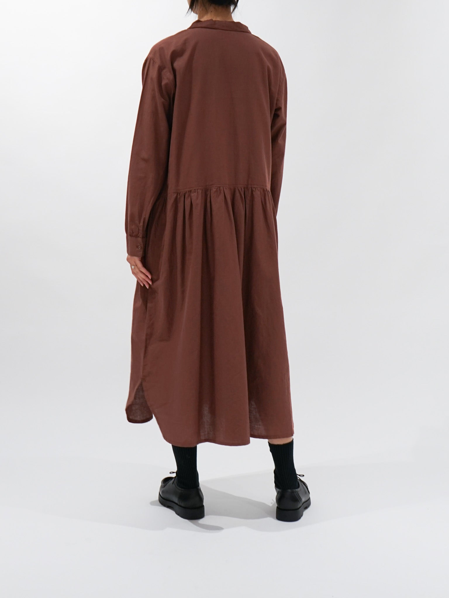 Namu Shop - ICHI Open Collar Gather Dress - Brown