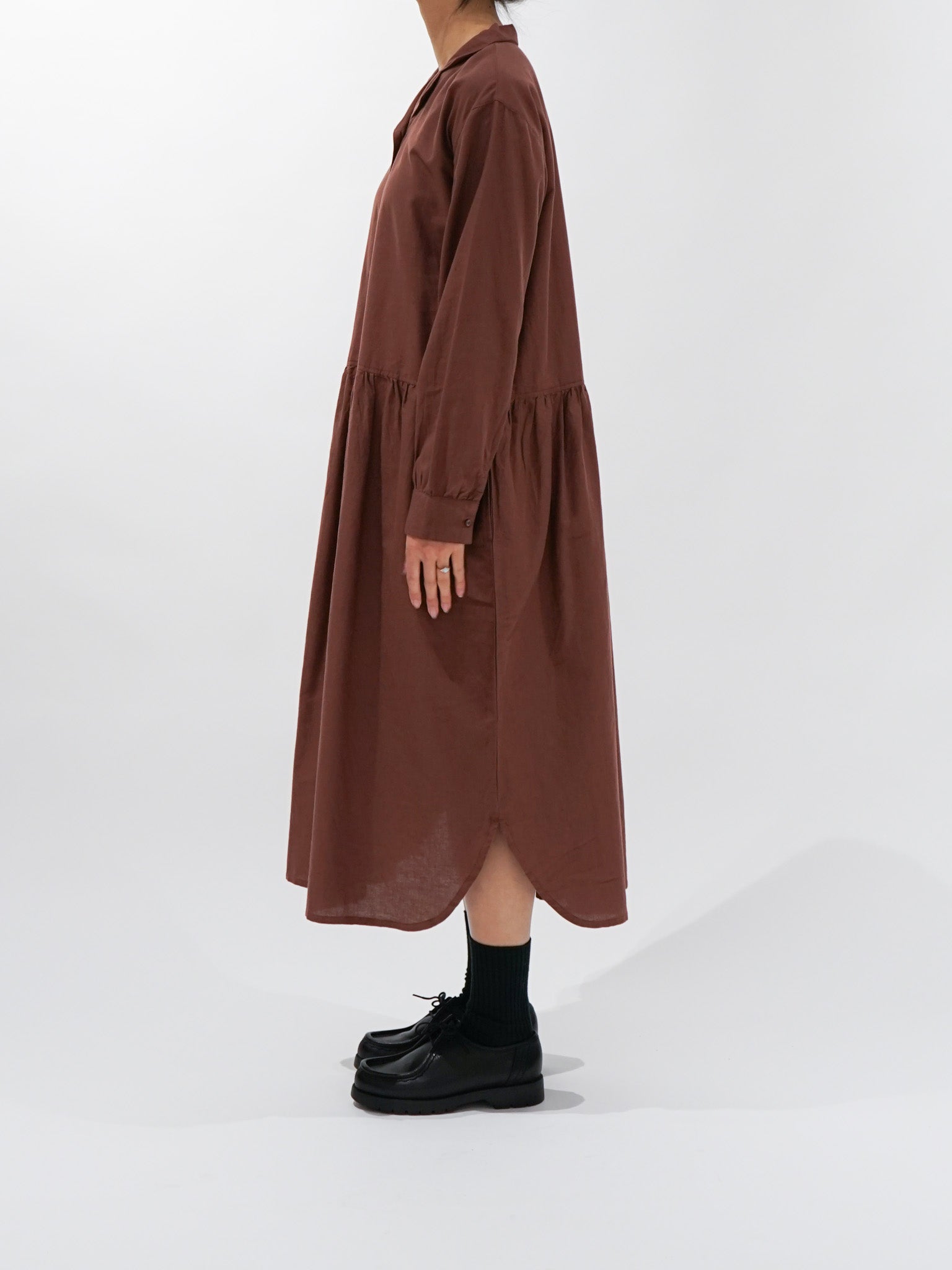 Namu Shop - ICHI Open Collar Gather Dress - Brown