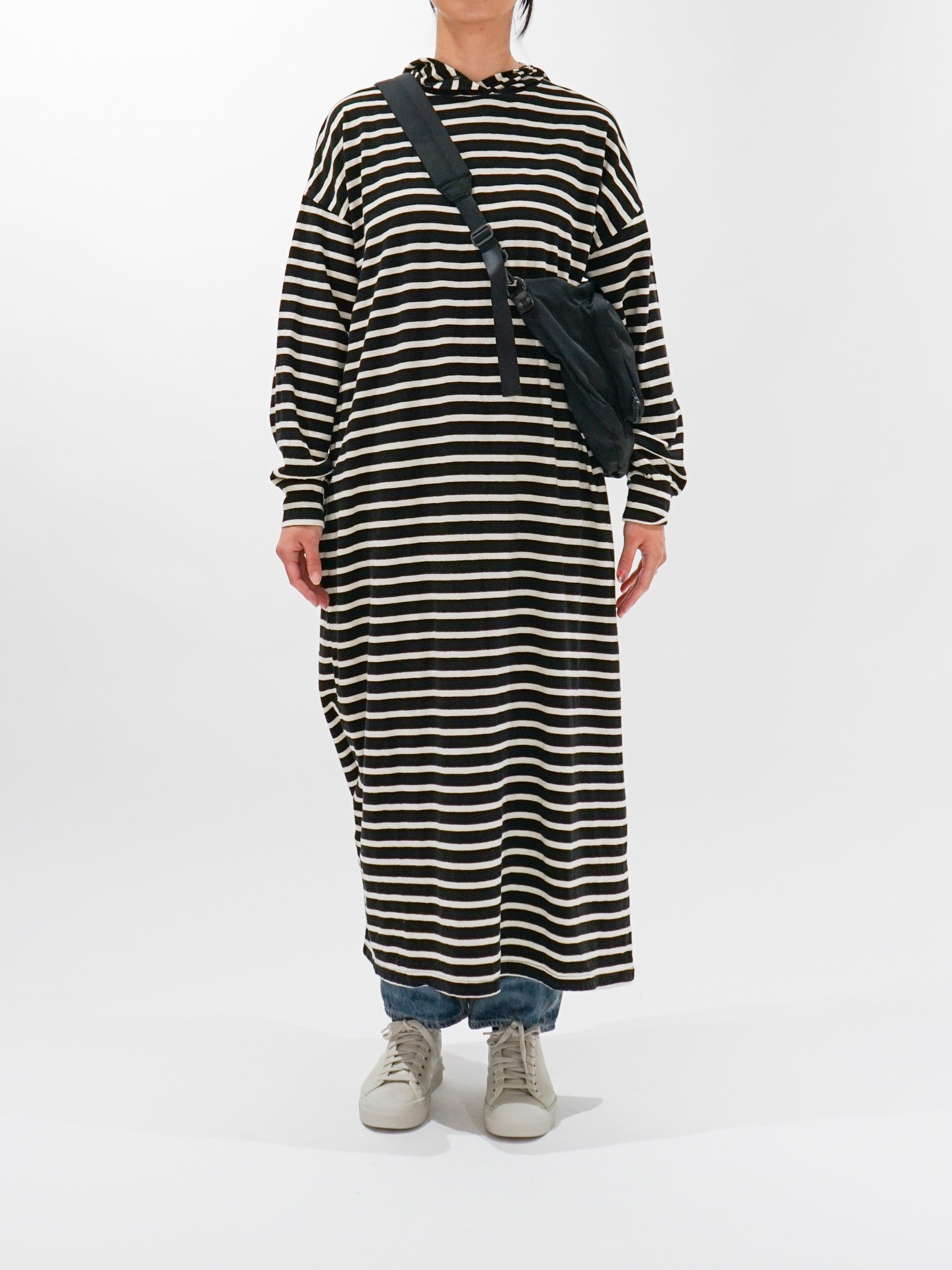Namu Shop - Ichi Antiquites Striped Hoodie Dress - Black x Natural