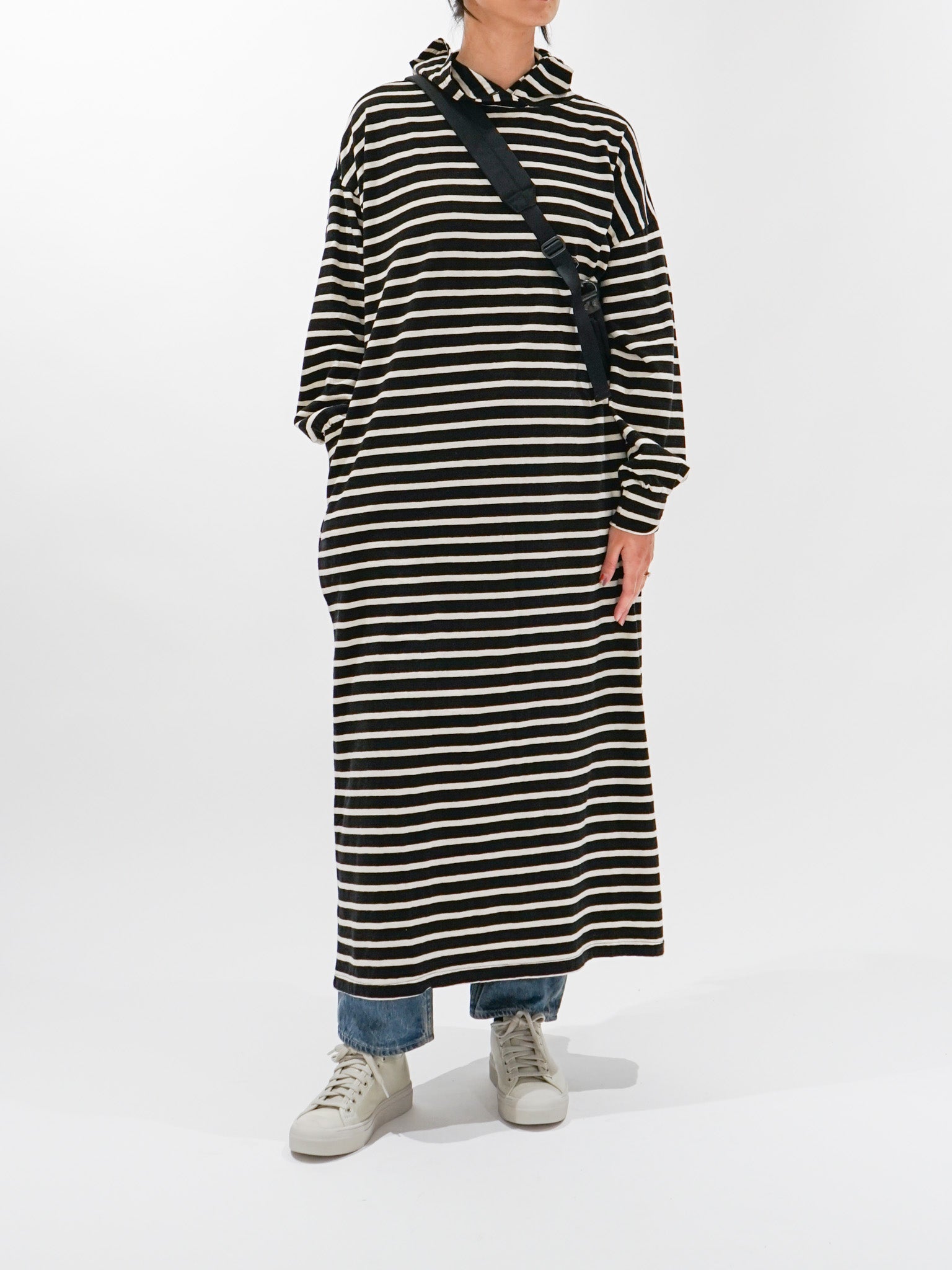 Namu Shop - Ichi Antiquites Striped Hoodie Dress - Black x Natural