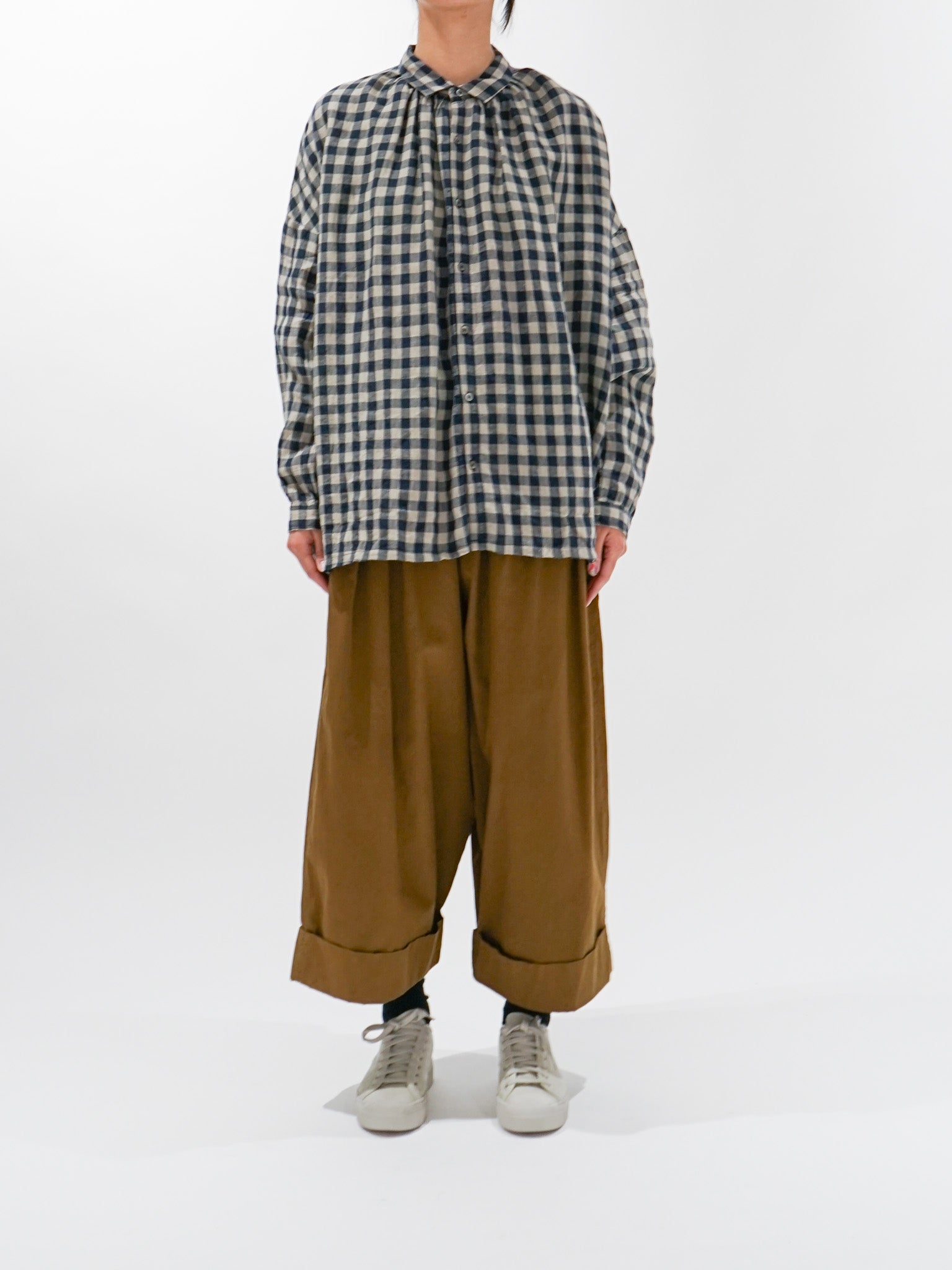Namu Shop - Ichi Antiquites AZUMADAKI Linen Gingham Shirt - Beige x Navy