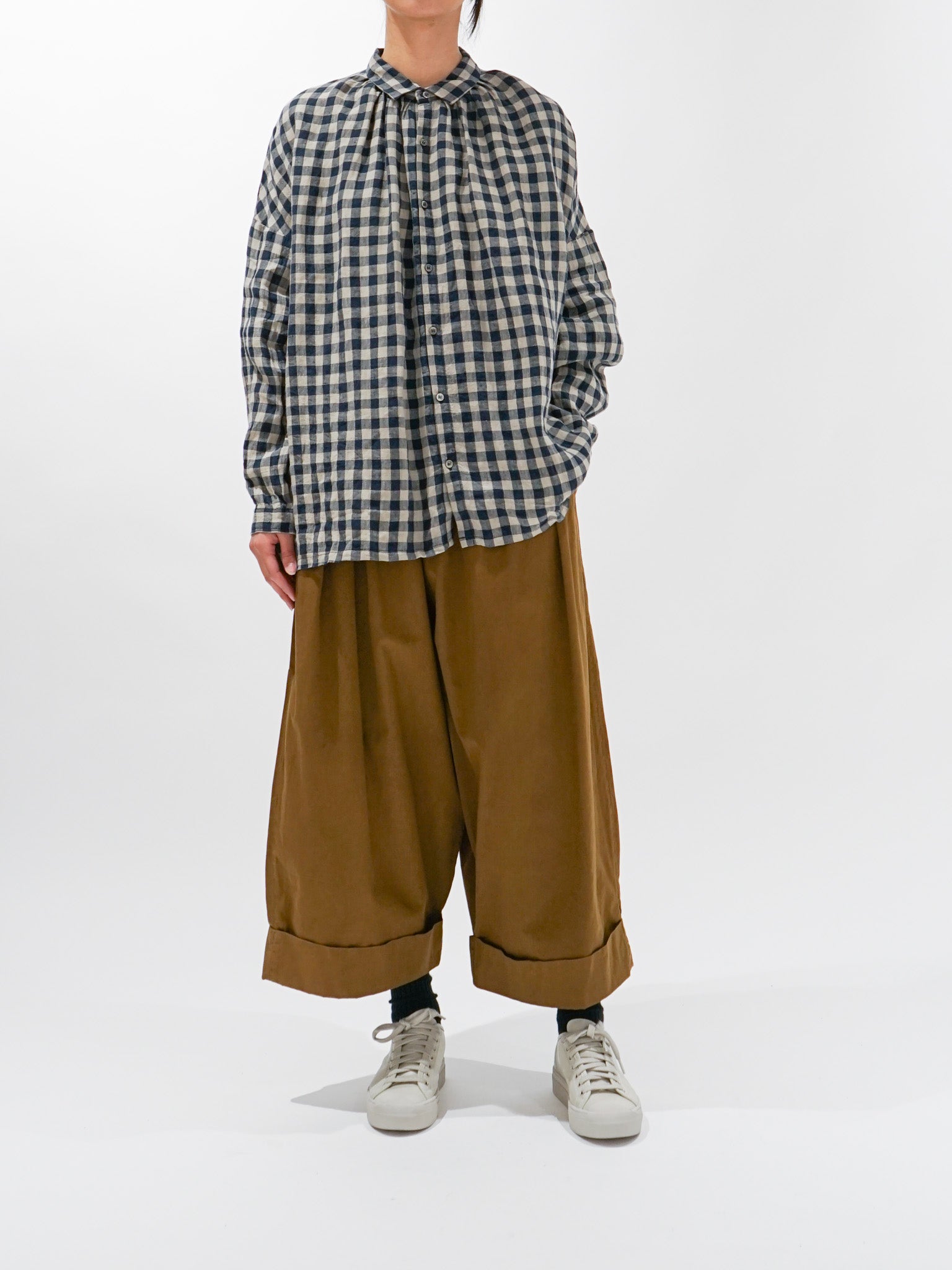 Namu Shop - Ichi Antiquites AZUMADAKI Linen Gingham Shirt - Beige x Navy