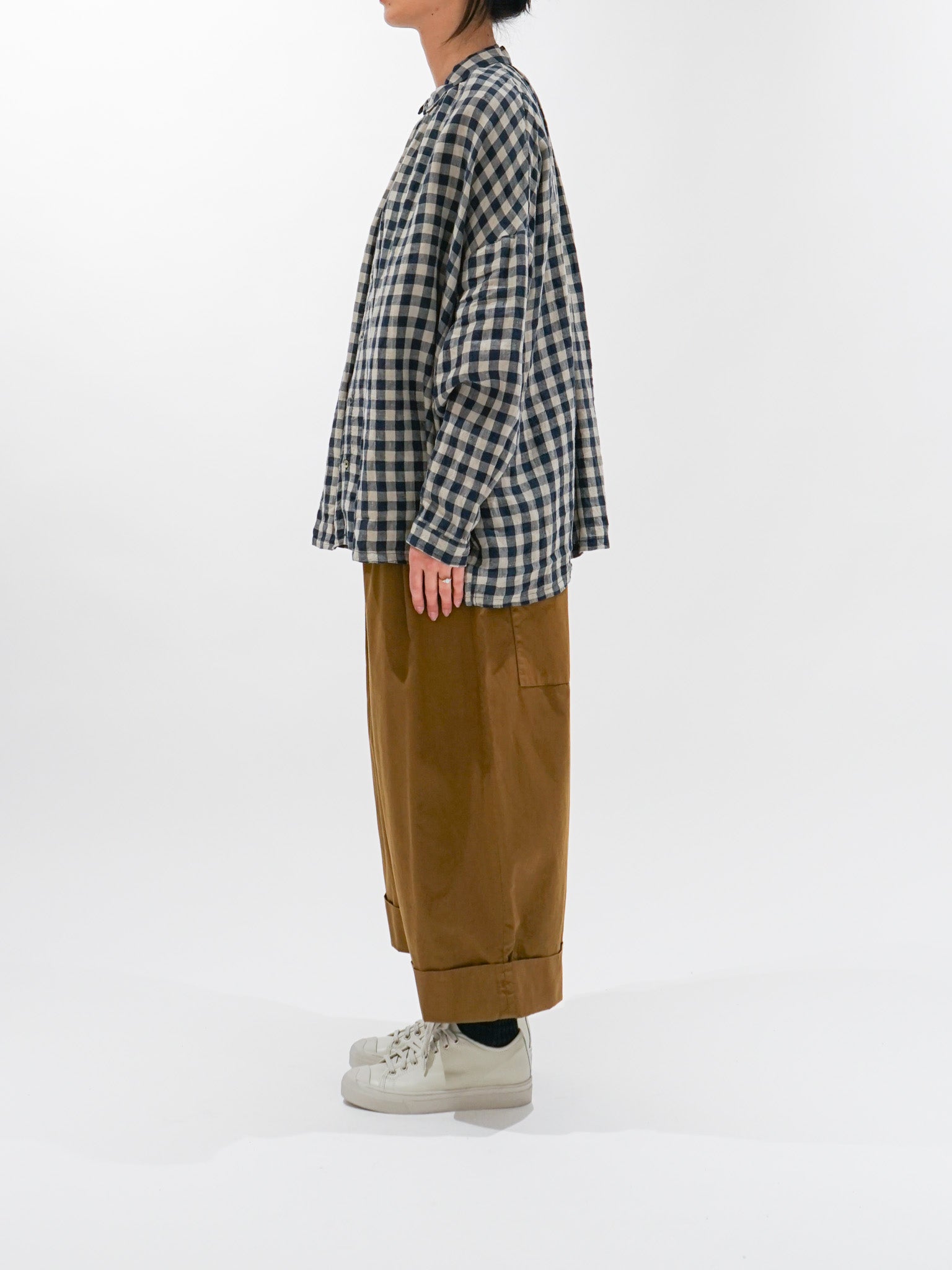 Namu Shop - Ichi Antiquites AZUMADAKI Linen Gingham Shirt - Beige x Navy