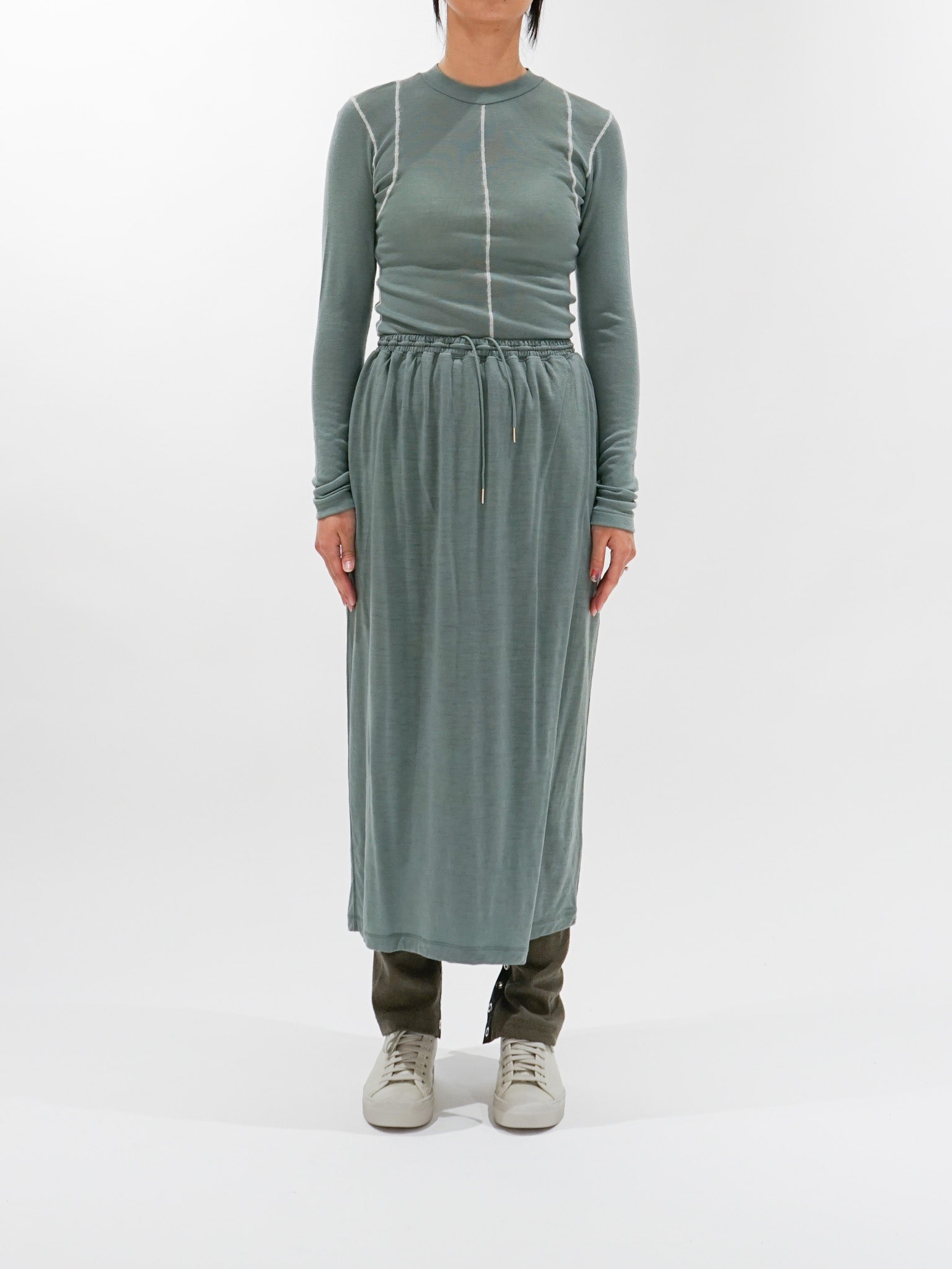Namu Shop - Unfil Superfine Merino Ribbed Jersey Tee With Mohair Stitch - Patina Green x Off White