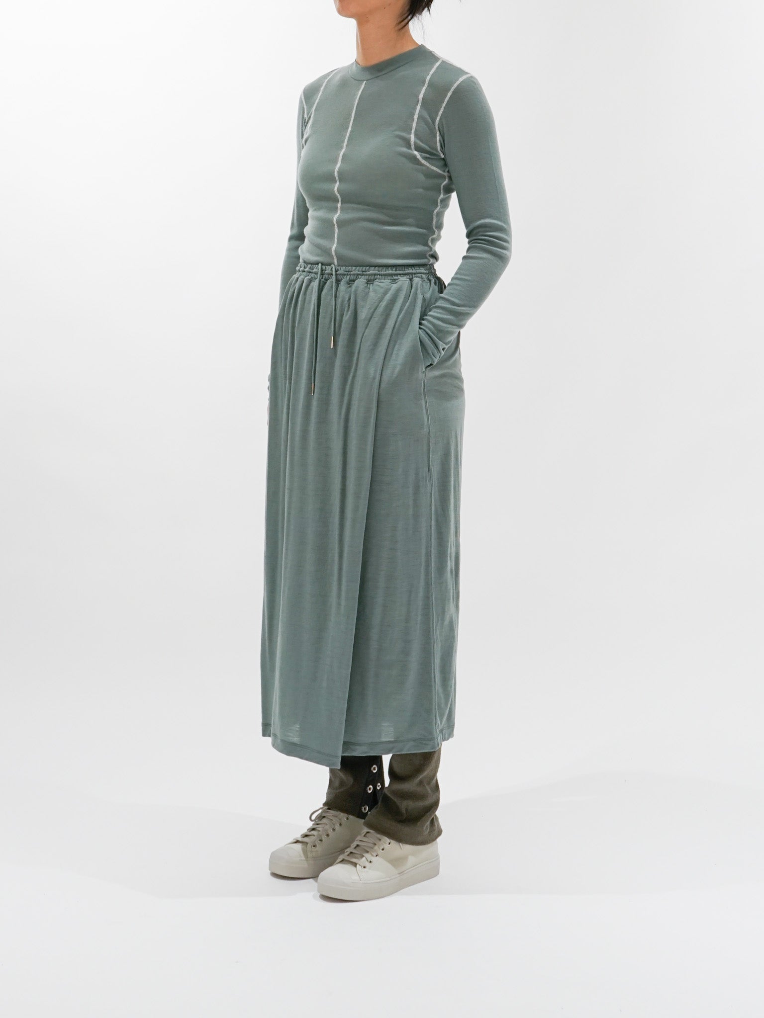 Namu Shop - Unfil Superfine Merino Ribbed Jersey Tee With Mohair Stitch - Patina Green x Off White