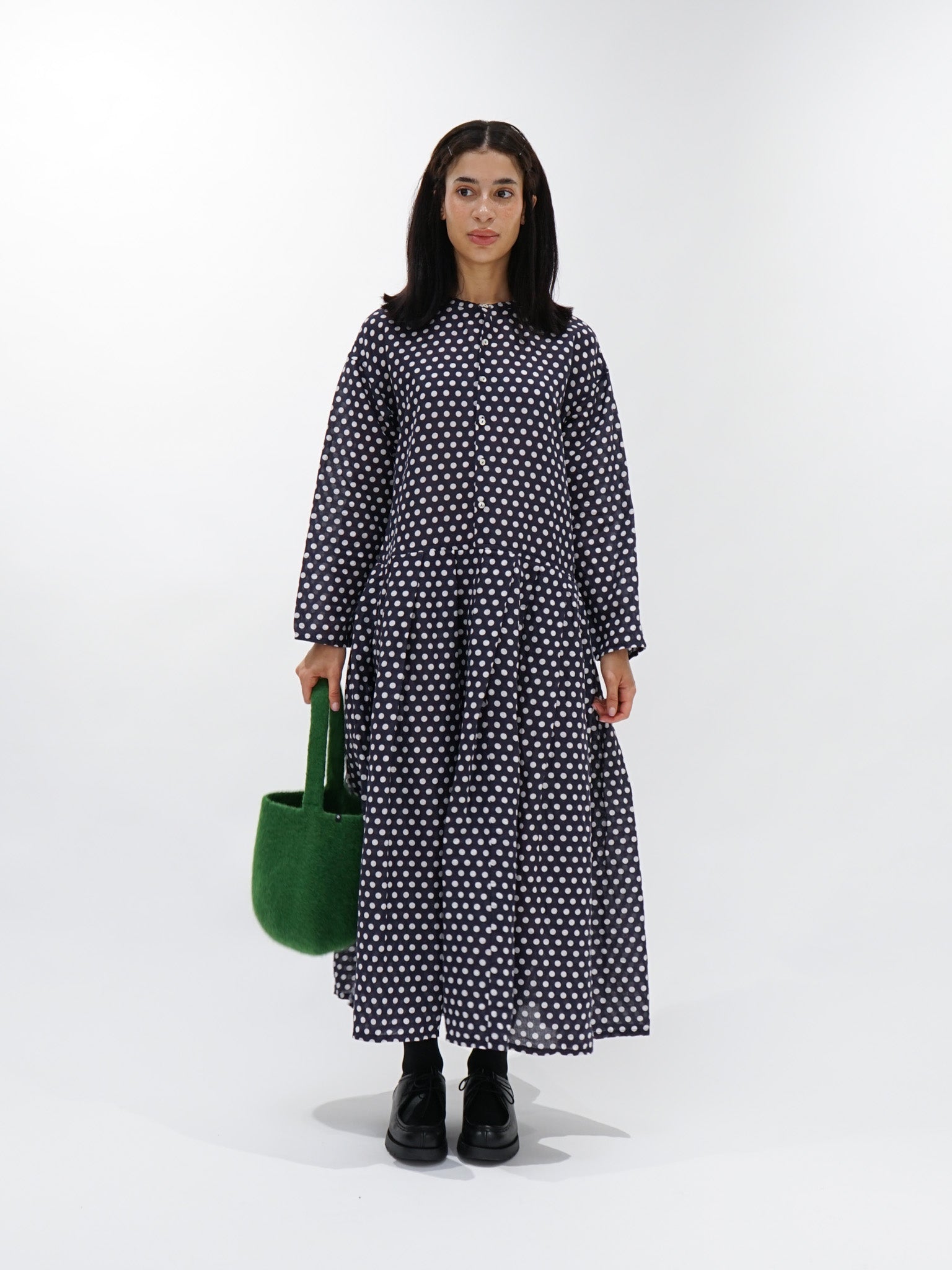 Namu Shop - Veritecoeur L/C Khadi Dot Dress - Dark Navy x Dot