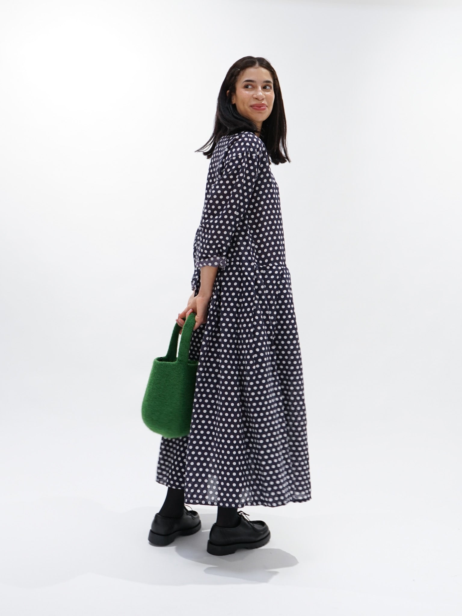 Namu Shop - Veritecoeur L/C Khadi Dot Dress - Dark Navy x Dot