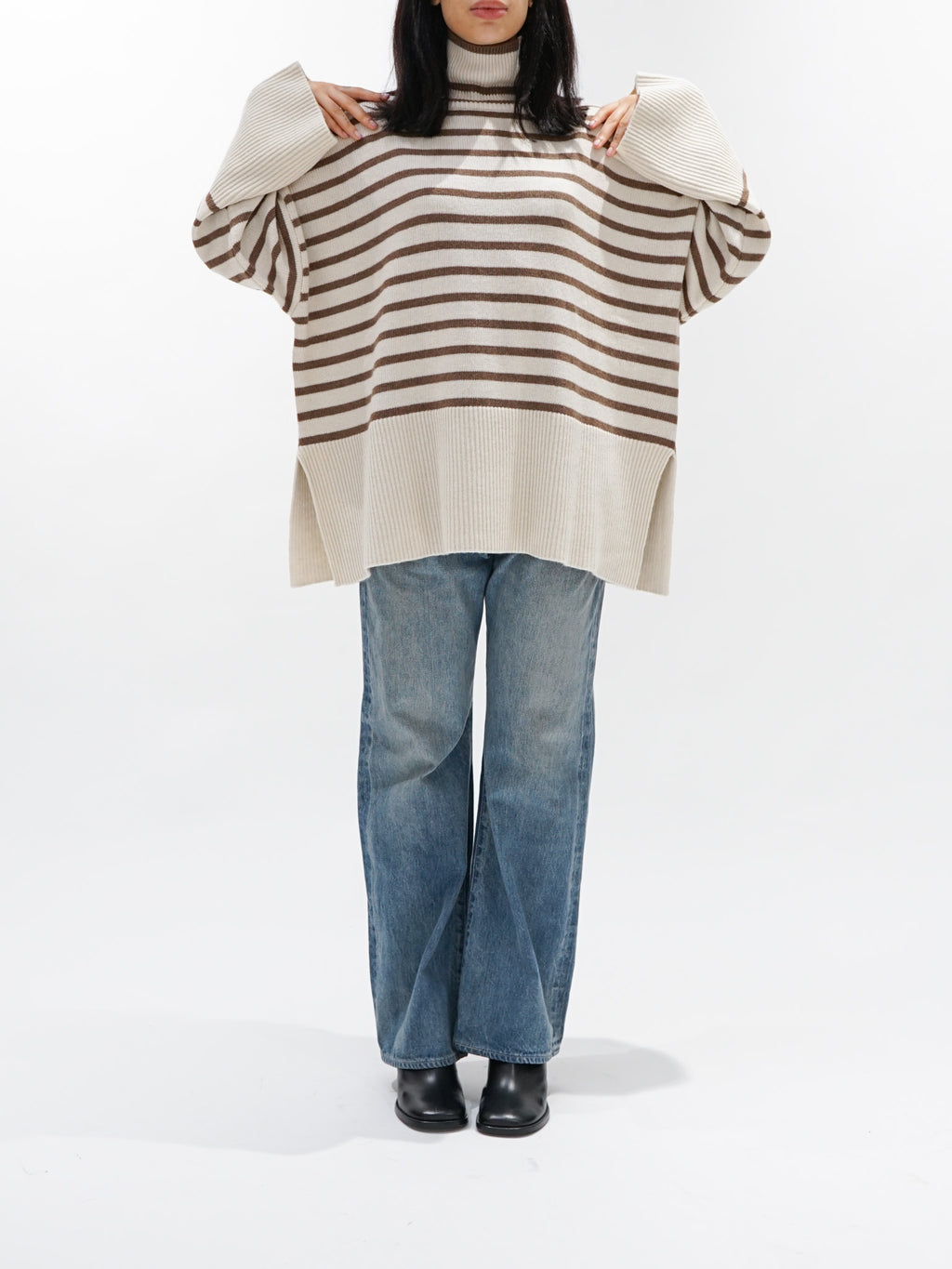 Namu Shop - ICHI Border Turtleneck Knit - White x Mocha