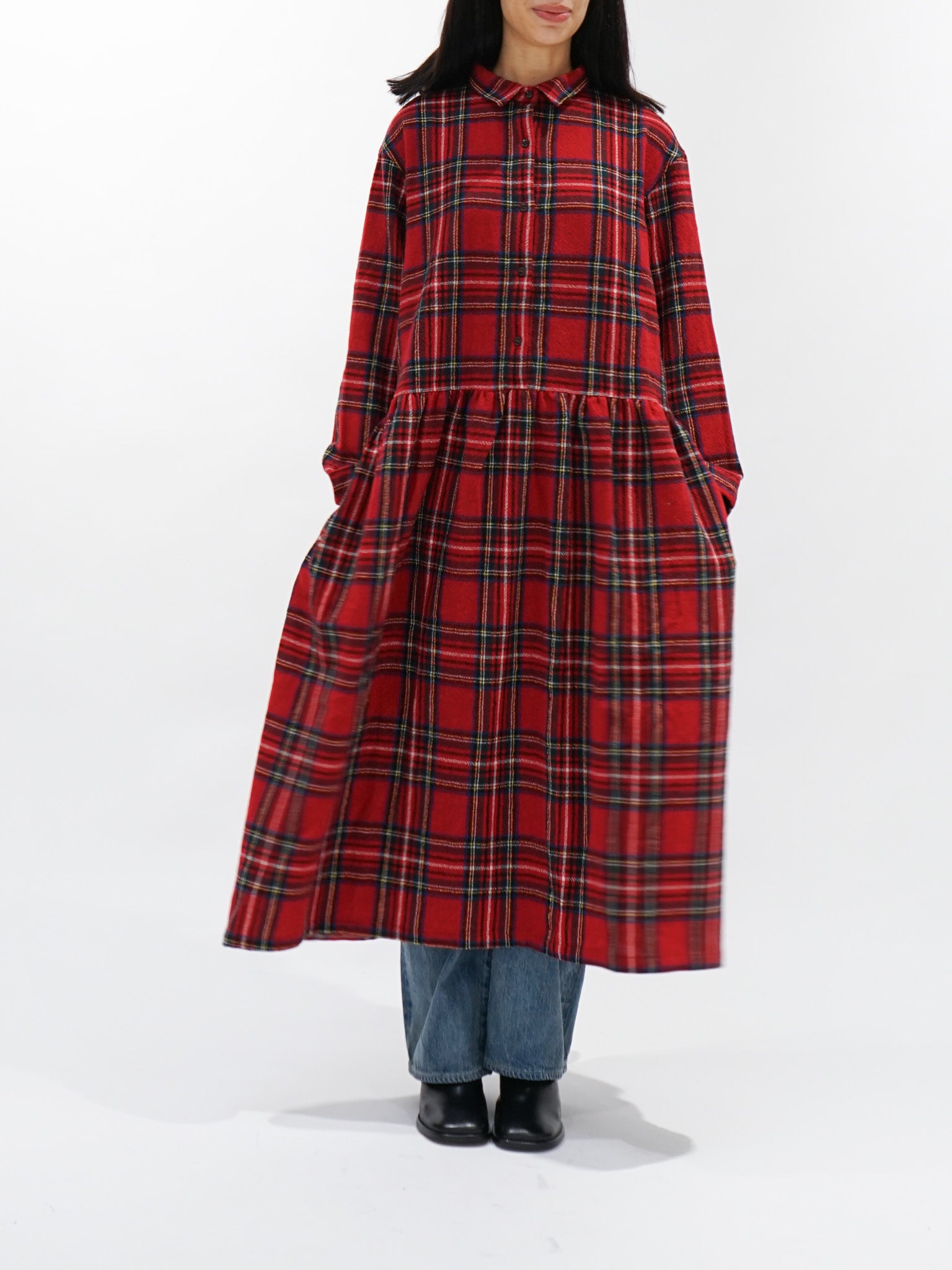 Namu Shop - ICHI Brushed Wool Gather Check Dress - Red