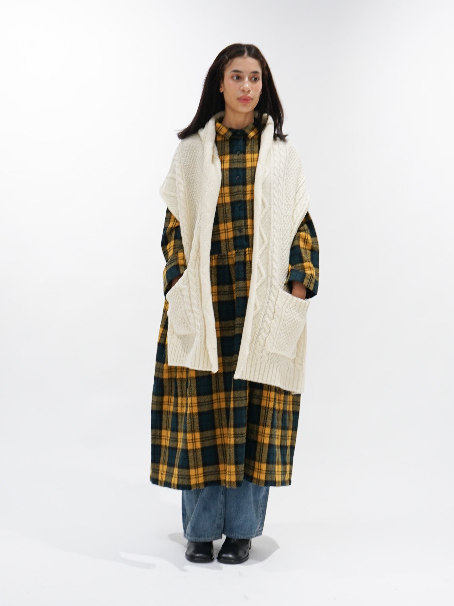 Namu Shop - ICHI Brushed Wool Gather Check Dress - Yellow