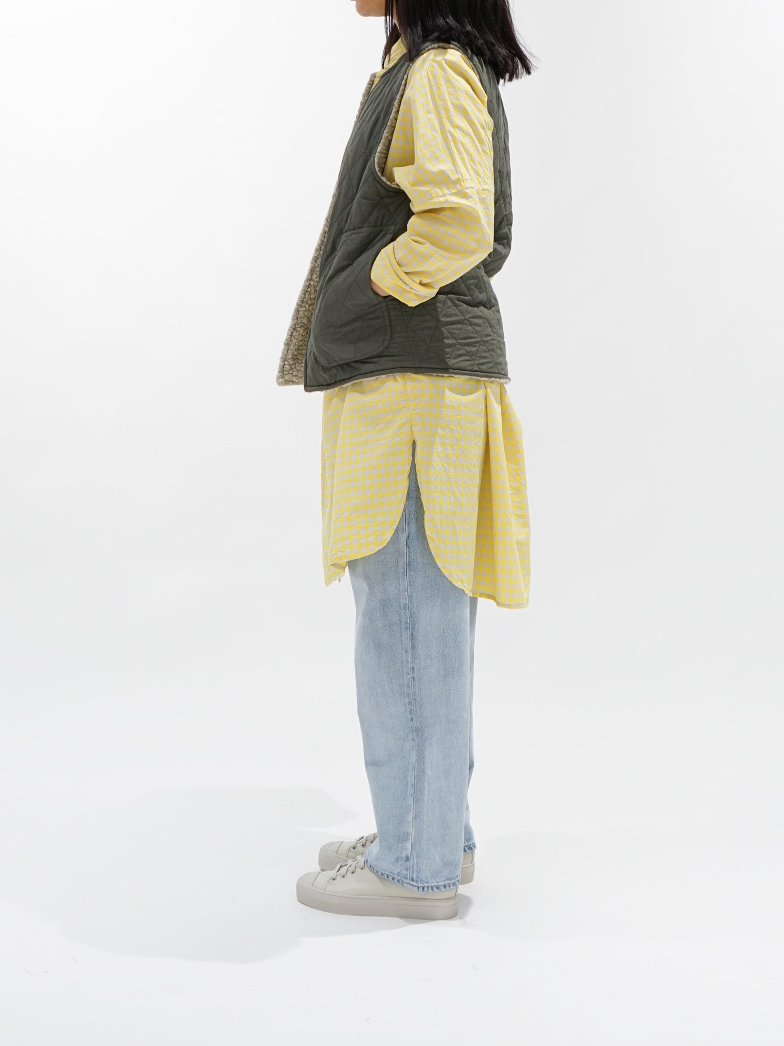 Namu Shop - Veritecoeur Back Gathered Dress - Yellow x Gray